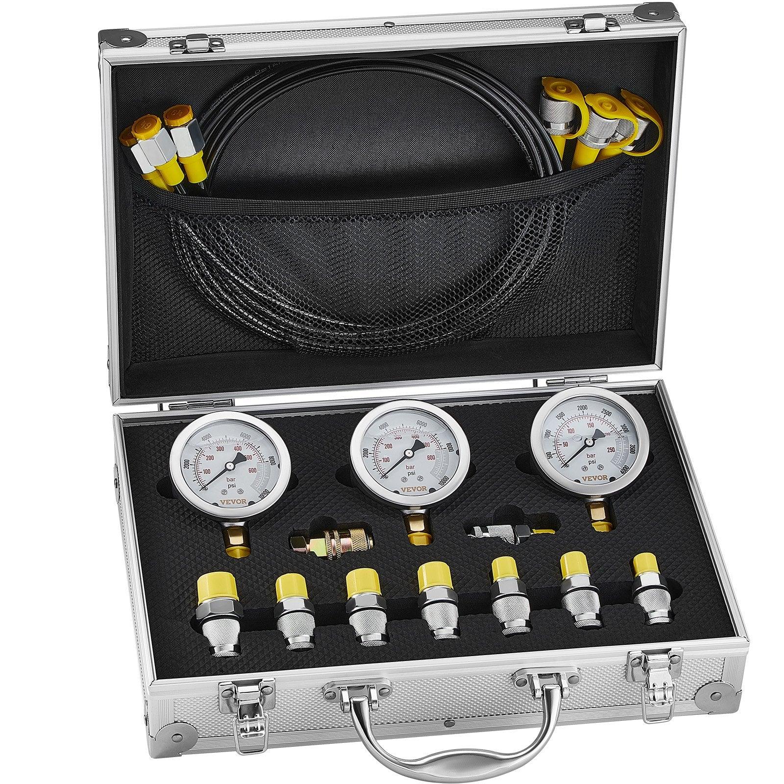 Hydraulic Pressure Test Kit, 250/400/600bar, 3 Gauges 9 Test Couplings 3 Test Hoses, Excavator Hydraulic Test Gauge Set with Portable Carrying Case for Excavator Tractors Construction Machinery