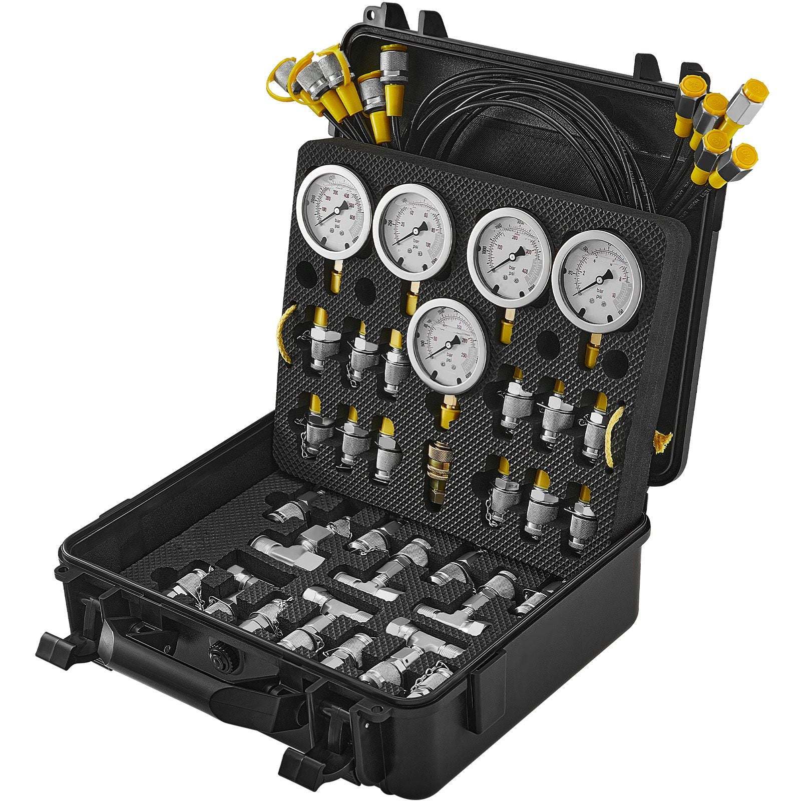 Hydraulic Pressure Test Kit, 10/100/250/400/600bar, 5 Gauges 13 Couplings 14 Tee Connectors 5 Test Hoses, Excavator Hydraulic Test Gauge Set with Carrying Case for Excavator Tractors Machinery