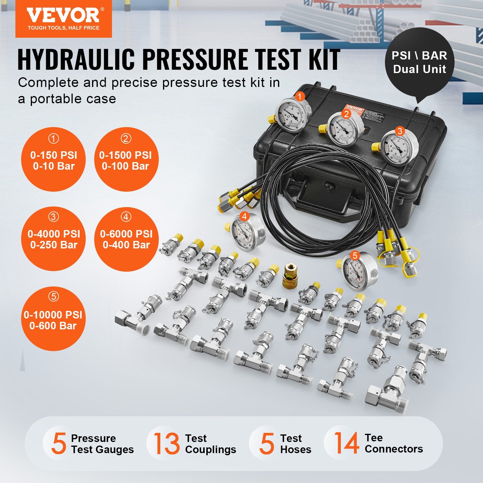 Hydraulic Pressure Test Kit, 10/100/250/400/600bar, 5 Gauges 13 Couplings 14 Tee Connectors 5 Test Hoses, Excavator Hydraulic Test Gauge Set with Carrying Case for Excavator Tractors Machinery
