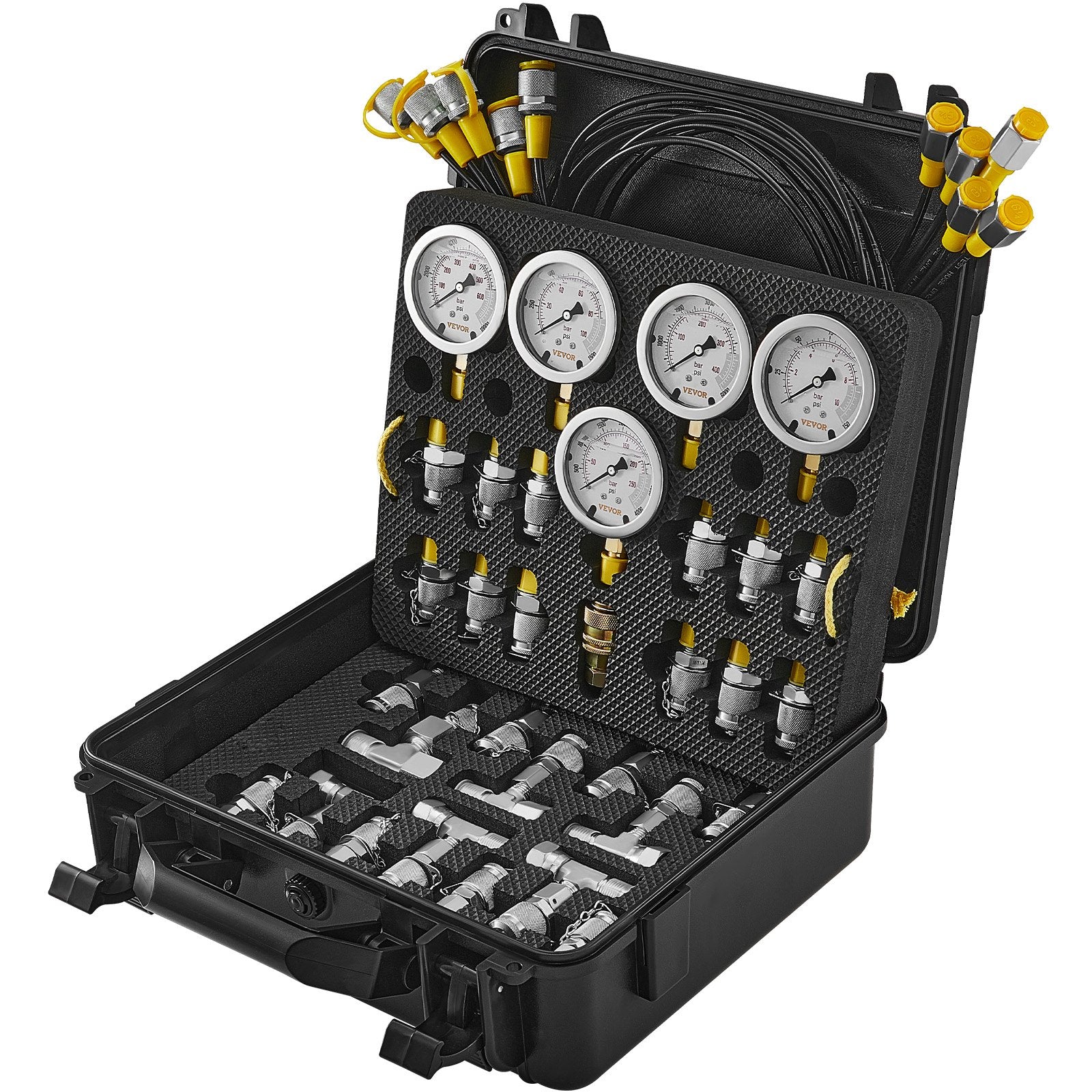 Hydraulic Pressure Test Kit, 10/100/250/400/600bar, 5 Gauges 13 Couplings 14 Tee Connectors 5 Test Hoses, Excavator Hydraulic Test Gauge Set with Carrying Case for Excavator Tractors Machinery