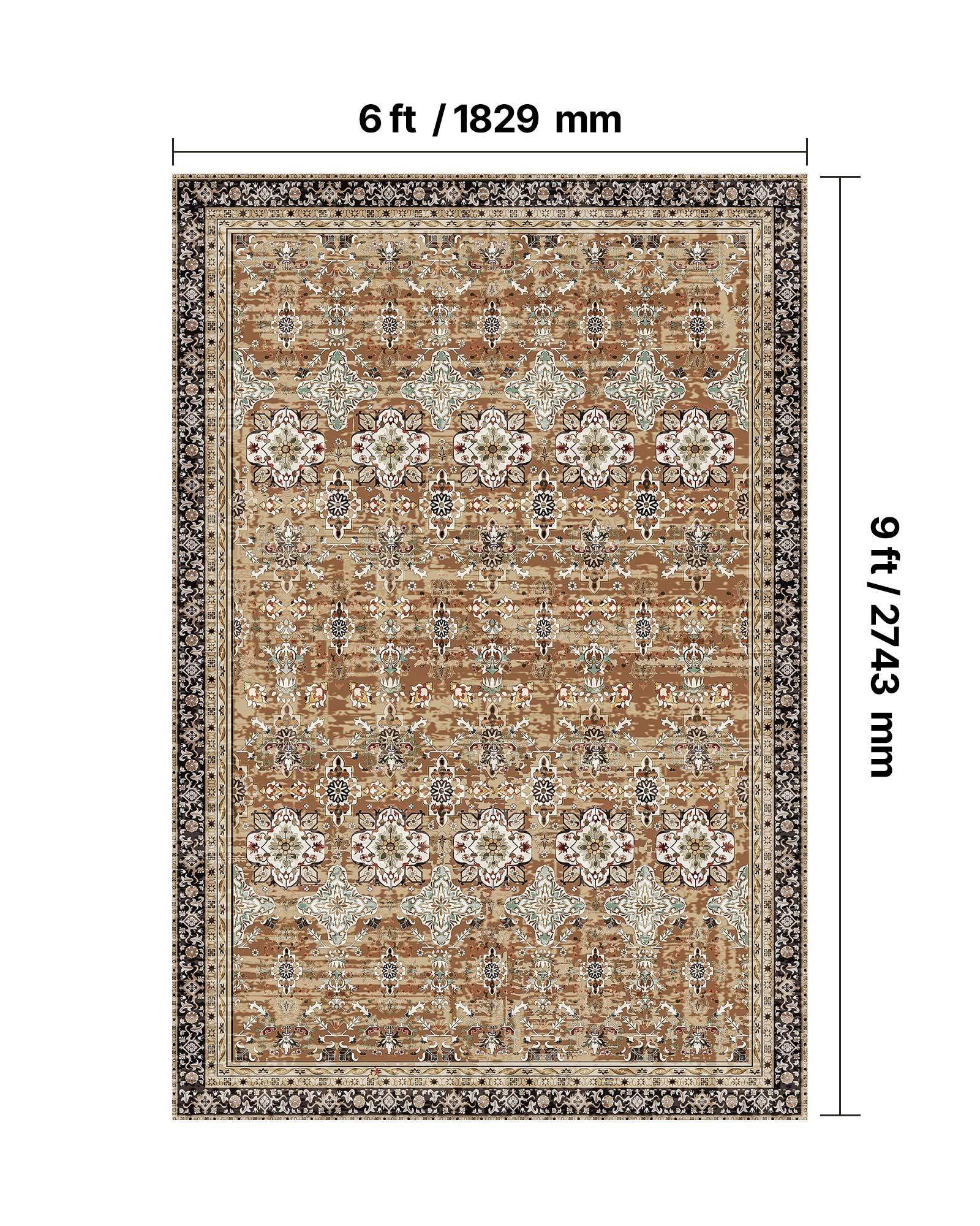 Area Rug, 1828.8x2743.2mm Large Washable Rug, Non-Slip Tear-Resistant Soft Carpet, Pet & Child Friendly Vintage Area Rugs, Indoor Mat for Bedroom, Living Room, Kids Room, Entryway, Brown Green
