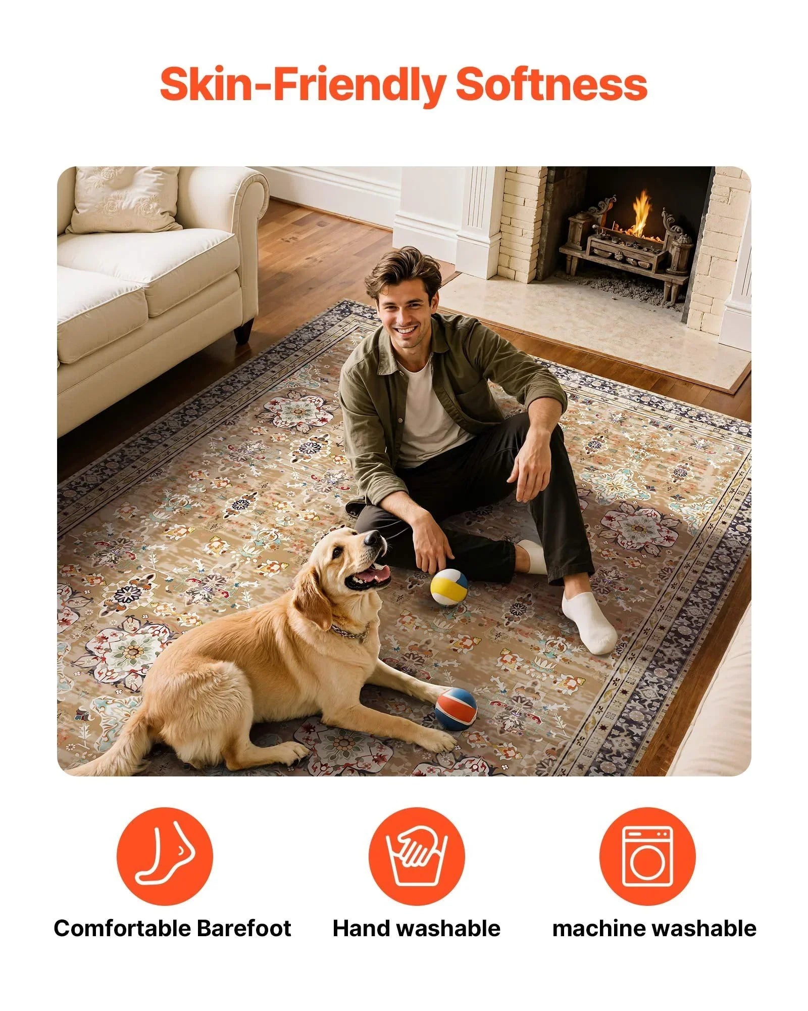 Area Rug, 1828.8x2743.2mm Large Washable Rug, Non-Slip Tear-Resistant Soft Carpet, Pet & Child Friendly Vintage Area Rugs, Indoor Mat for Bedroom, Living Room, Kids Room, Entryway, Brown Green