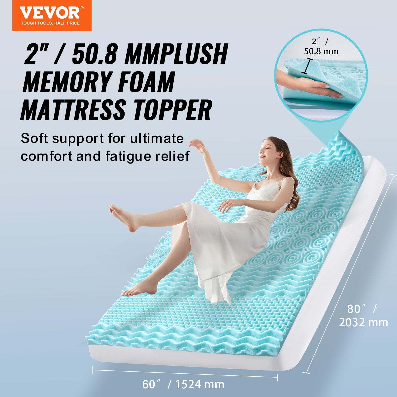 Mattress Topper, Queen Size, 50.8 mm Thickness, Memory Foam Mattress Pad, Cooling Gel Infusion, Compressed Package for Quick Setup, 7 Comfort Zones for Pressure Relief, Comfy Support for Any Bed