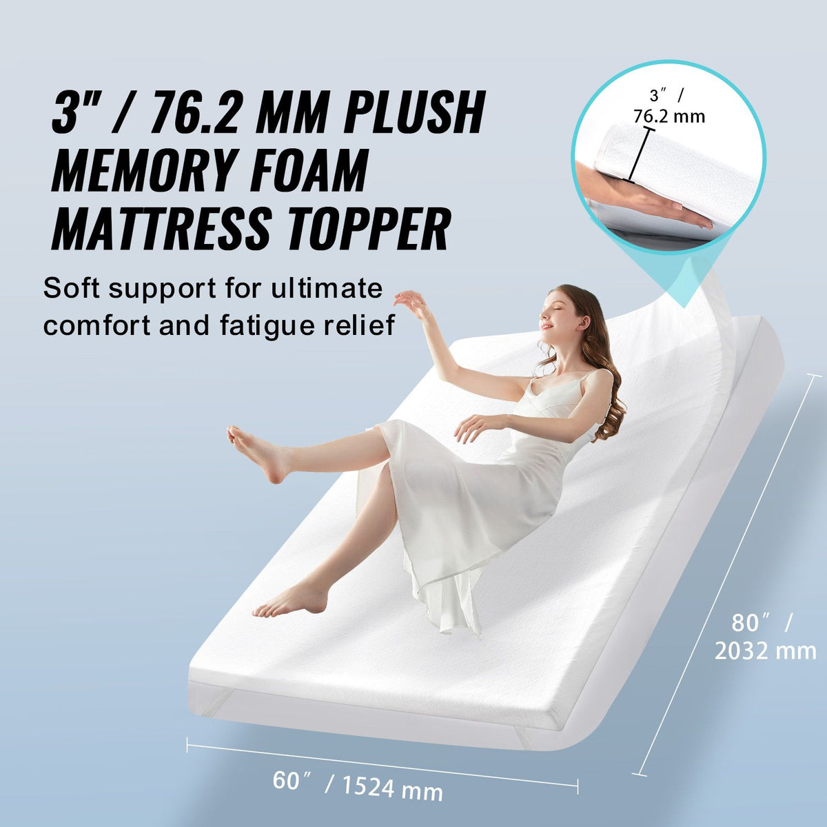 Queen Memory Foam Mattress Topper Detachable Washable 76.2mm Thick Pad