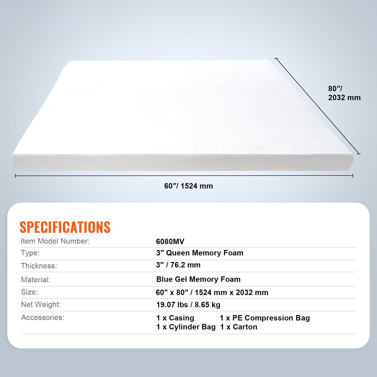 Queen Memory Foam Mattress Topper Detachable Washable 76.2mm Thick Pad
