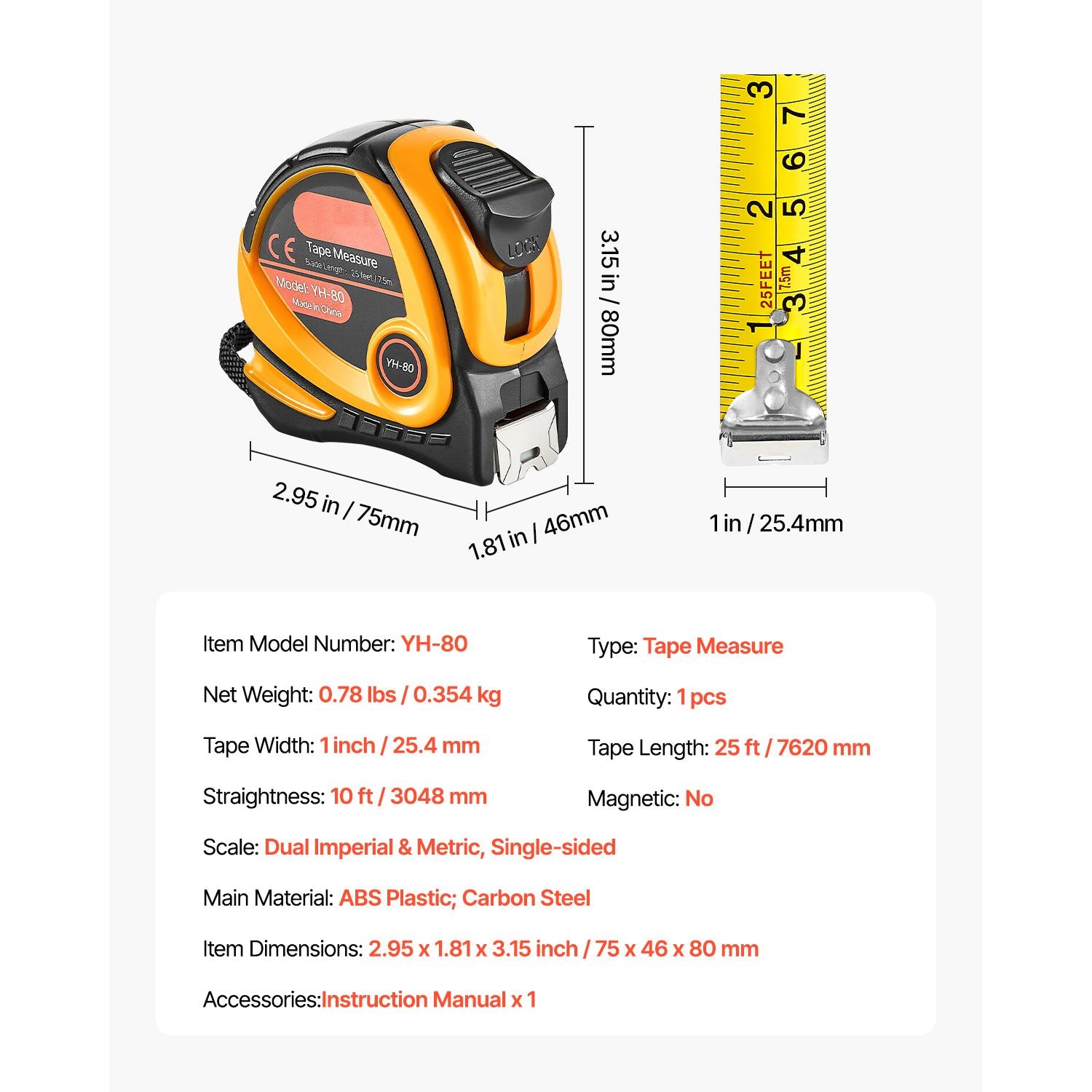 Tape Measure 7620mm Retractable Imperial Metric for Decoration