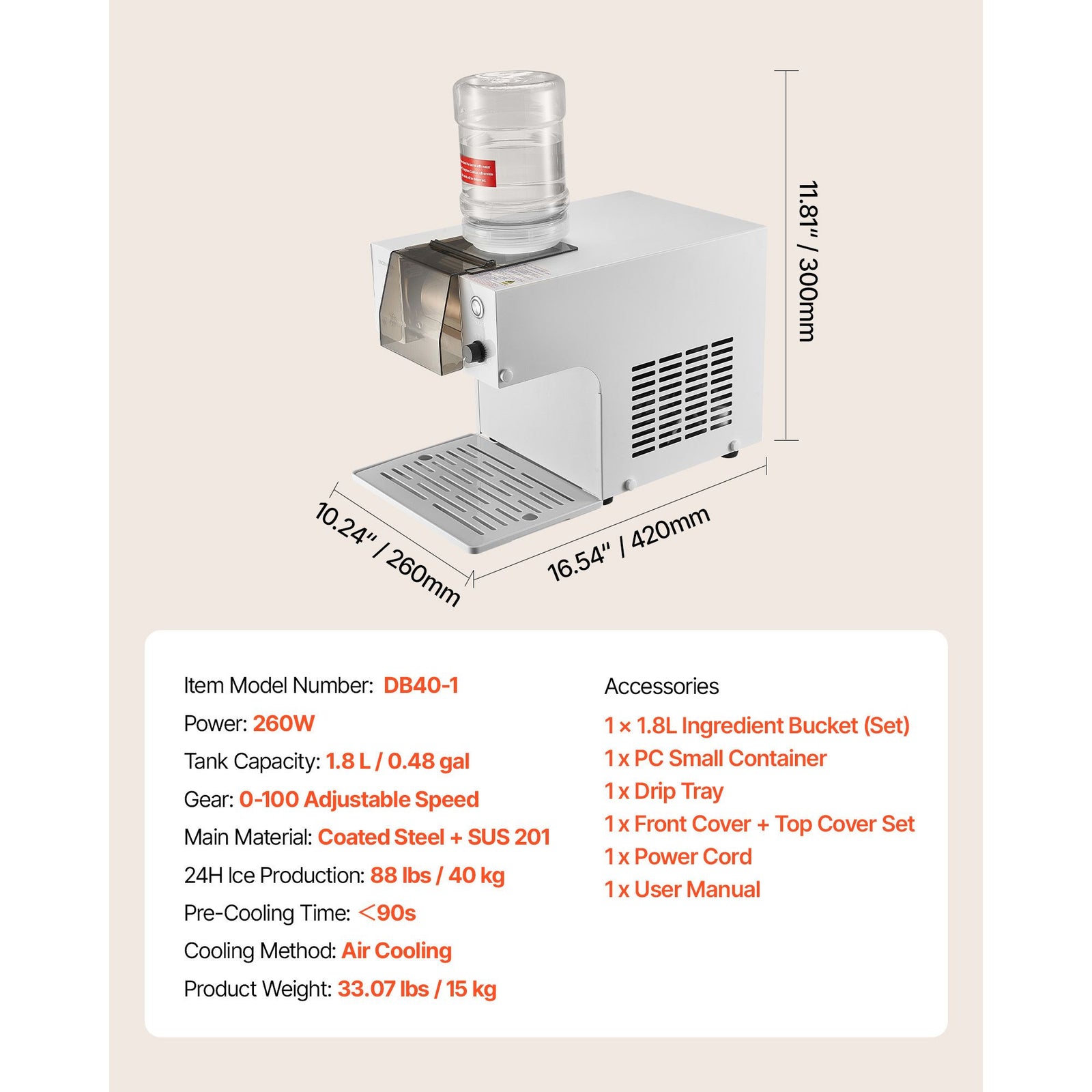 40KG/24H Snowflake Ice Machine Adjustable Speed Shaved Ice Maker