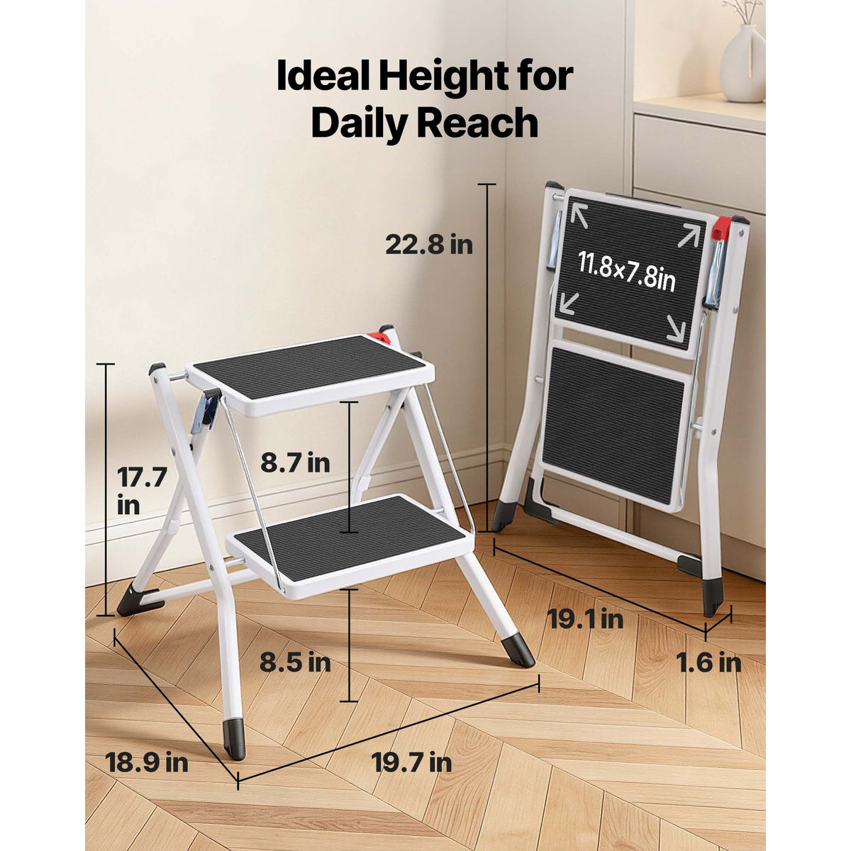 2 Step Folding Ladder Steel Step Stool 150kg Wide Anti Slip Platform