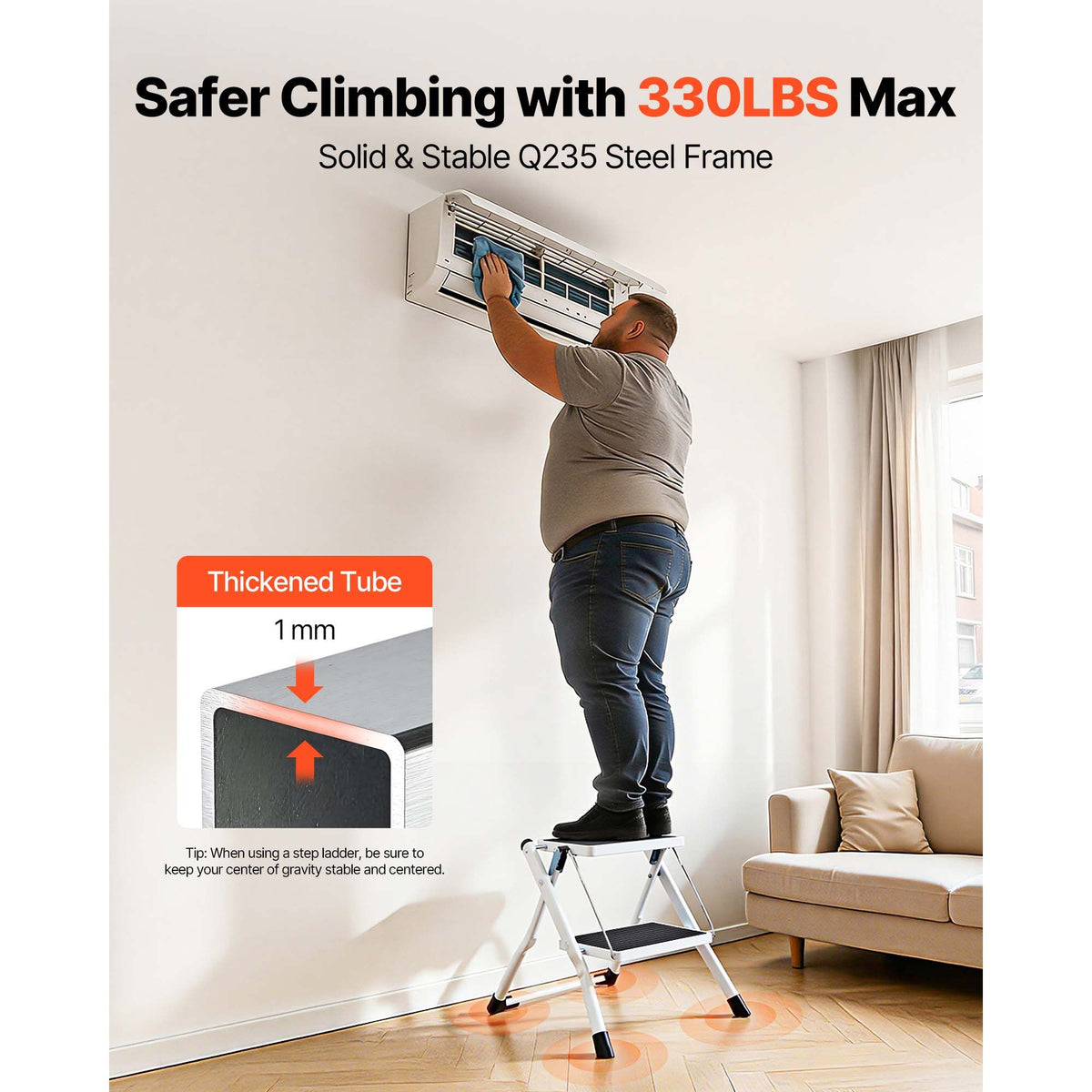 2 Step Folding Ladder Steel Step Stool 150kg Wide Anti Slip Platform