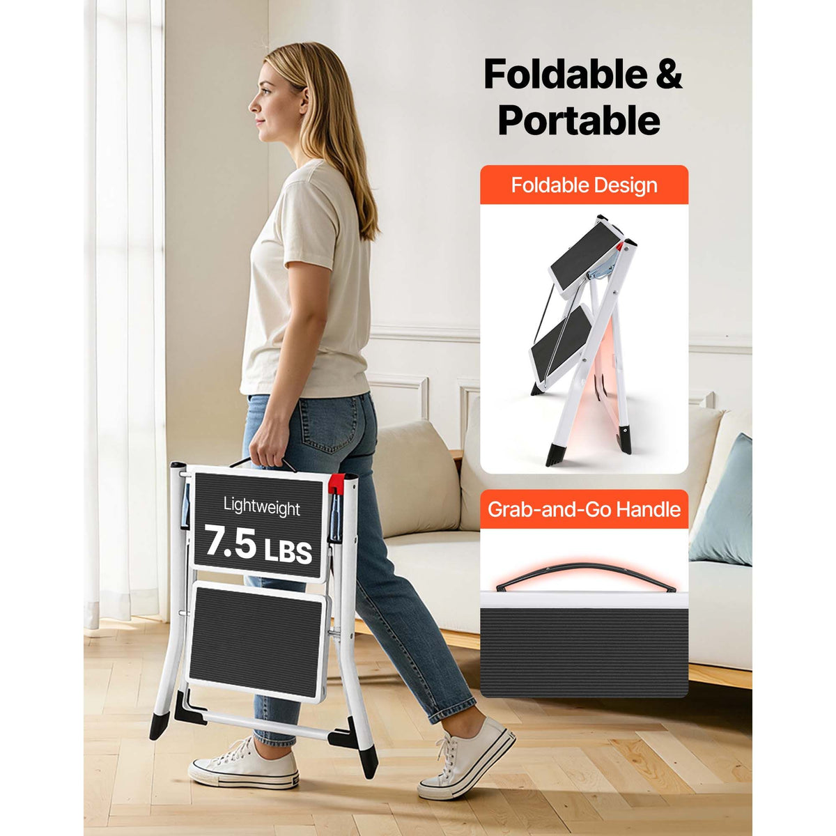 2 Step Folding Ladder Steel Step Stool 150kg Wide Anti Slip Platform
