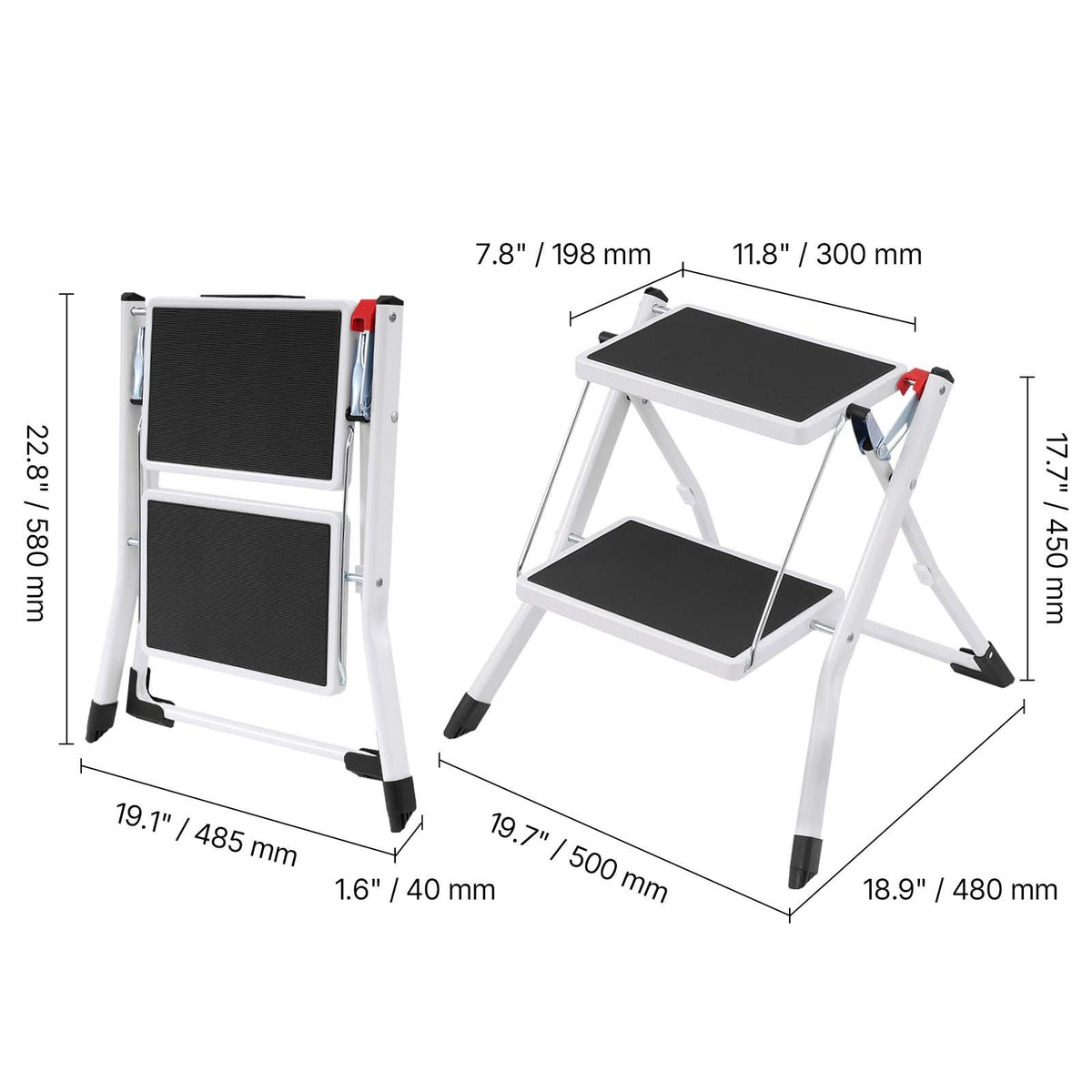 2 Step Folding Ladder Steel Step Stool 150kg Wide Anti Slip Platform