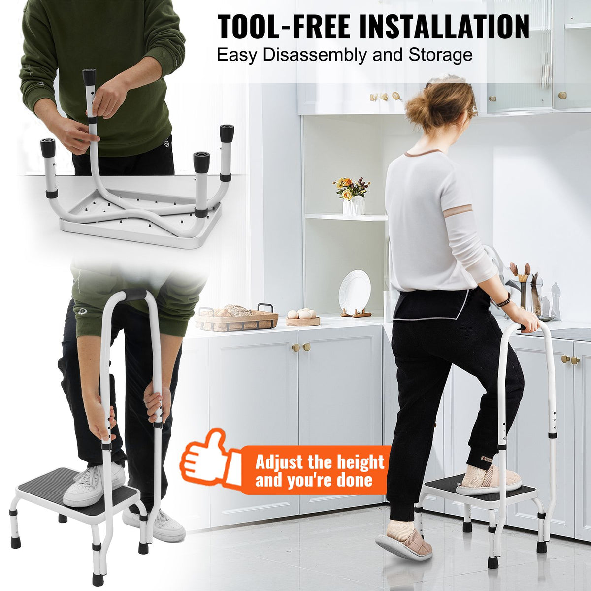 Adjustable 1 Step Stool with Handle 150kg Steel Non Slip Safety Ladder