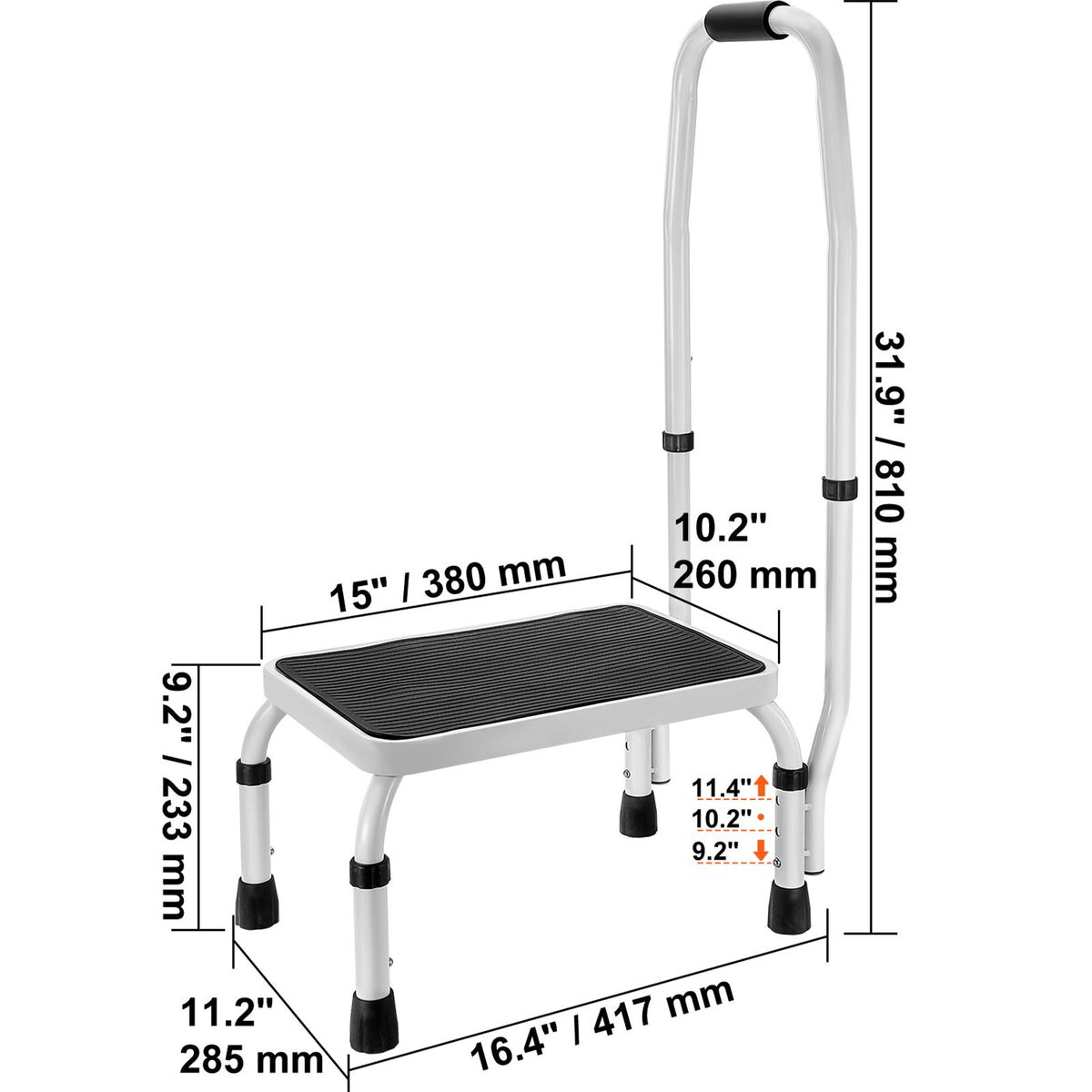 Adjustable 1 Step Stool with Handle 150kg Steel Non Slip Safety Ladder