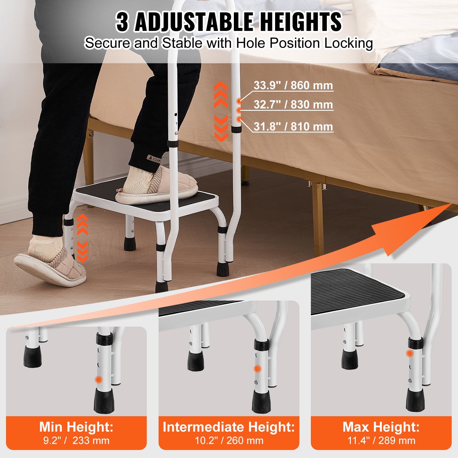 Step Stool 1-Step 150KG Capacity, 3 Adjustable Height with Handle Steel Step Ladder, Portable Toddler Step Stools for Adults, Non-Slip Sturdy Step Ladders for Office, RVs, Pets