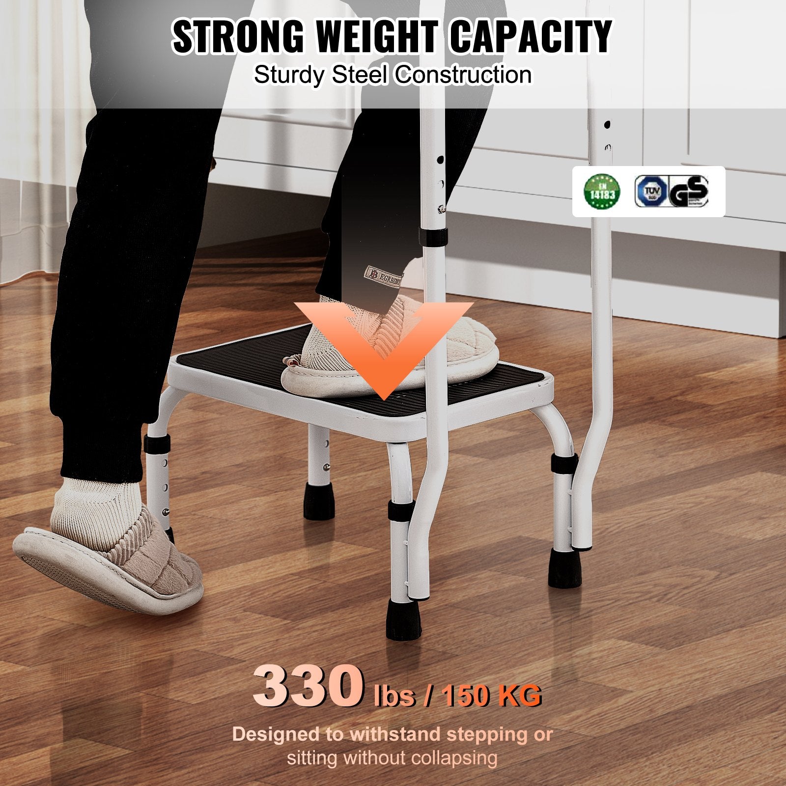 Step Stool 1-Step 150KG Capacity, 3 Adjustable Height with Handle Steel Step Ladder, Portable Toddler Step Stools for Adults, Non-Slip Sturdy Step Ladders for Office, RVs, Pets