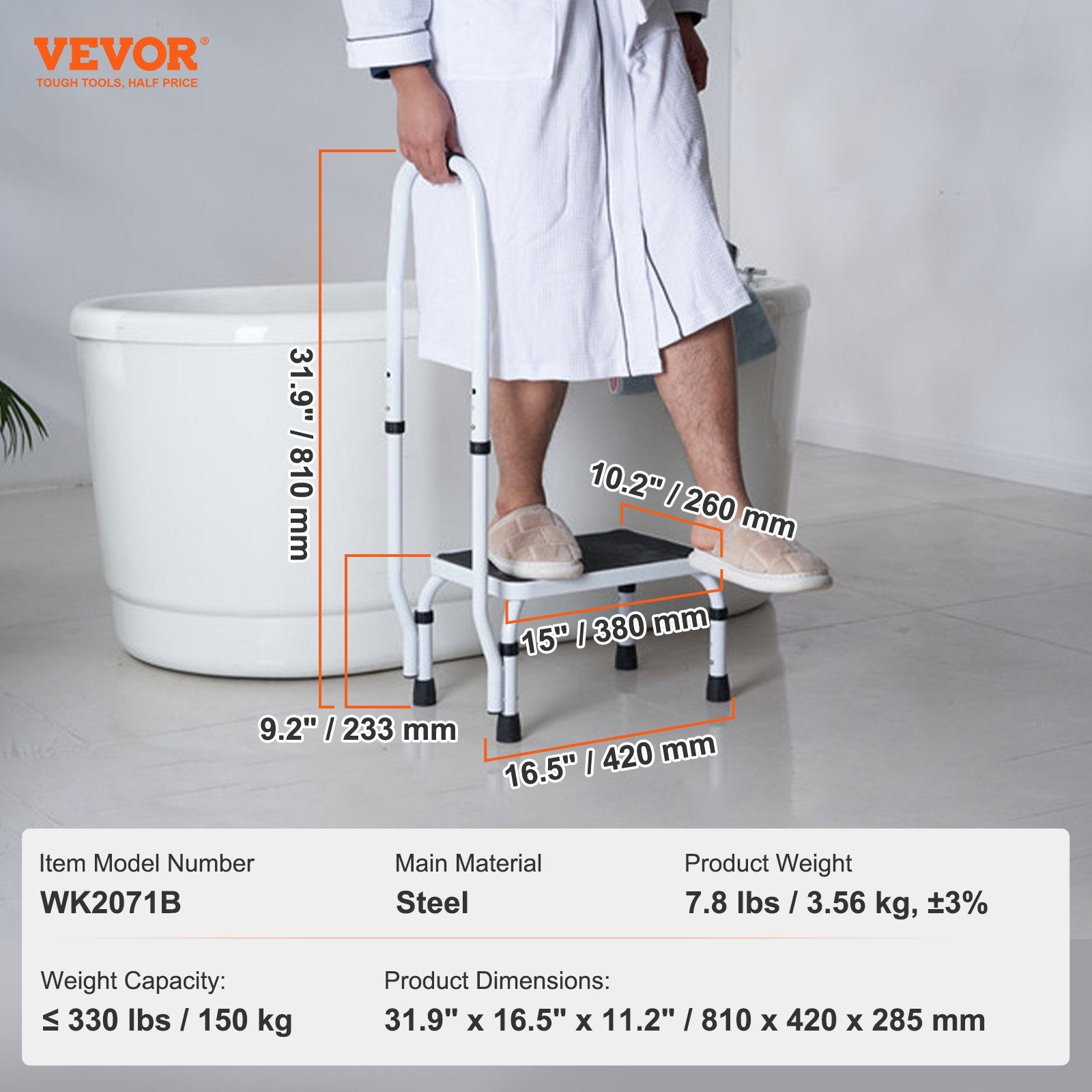Step Stool 1-Step 150KG Capacity, 3 Adjustable Height with Handle Steel Step Ladder, Portable Toddler Step Stools for Adults, Non-Slip Sturdy Step Ladders for Office, RVs, Pets