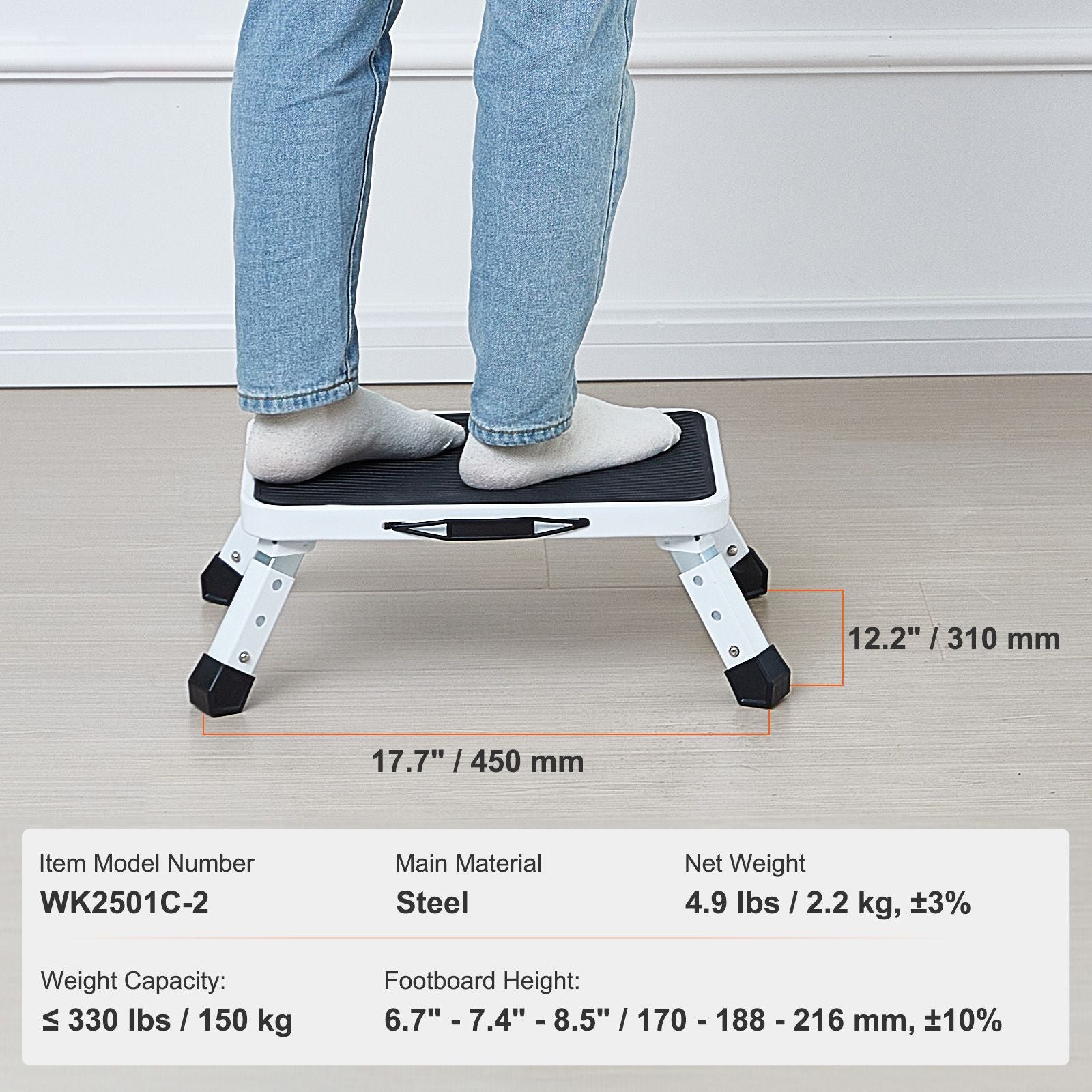 Step Stool 1-Step 150KG Capacity, Folding Steel Step Ladder 3 Adjustable Height, Portable Toddler Step Stools for Adults, Non-Slip Sturdy Step Ladders for Office, RVs, Pets, Bathrooms,Bedrooms