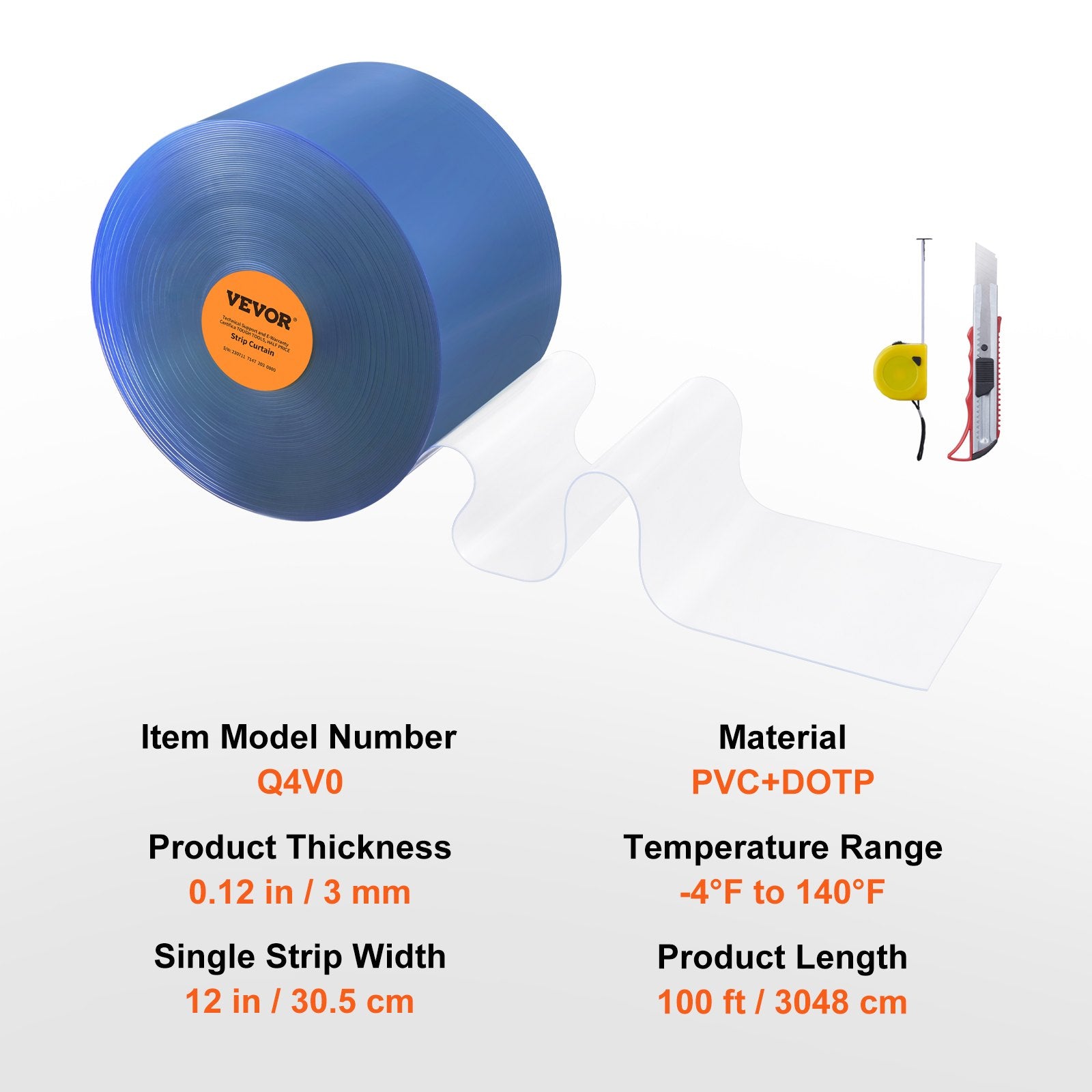 Strip Curtain, 3048 cm L x 30.5 cm W x 3 mm Thickness, Clear PVC Smooth Curtain Strip Door Bulk Roll, Plastic Door Strips for Doorway of Supermarket, Garage, Warehouse, Barn, Pet Animal House