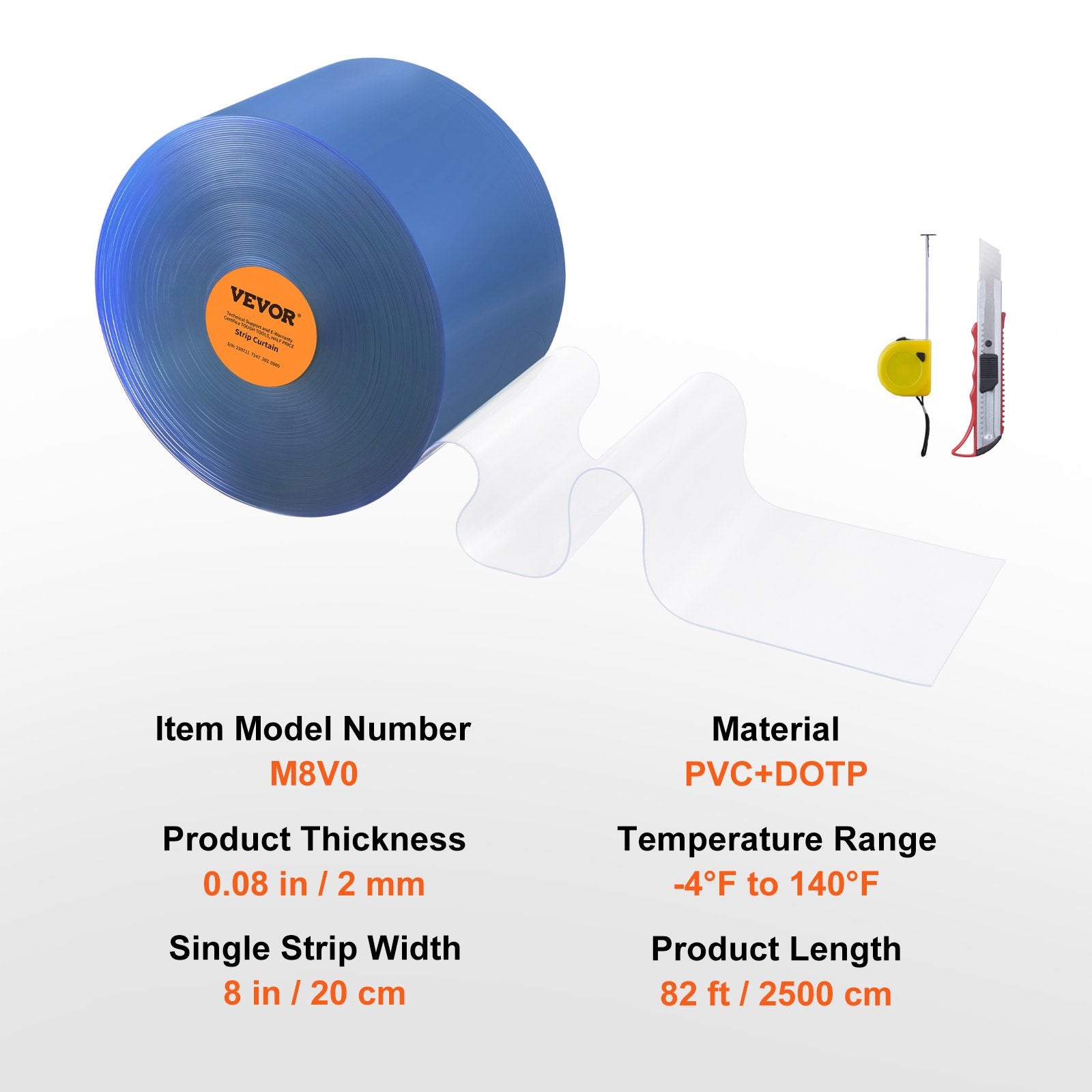 Strip Curtain, 2500 cm L x 20 cm W x 2 mm Thickness, Clear PVC Smooth Curtain Strip Door Bulk Roll, Plastic Door Strips for Doorways of Supermarket, Garage, Warehouse, Barn, Pet Animal House