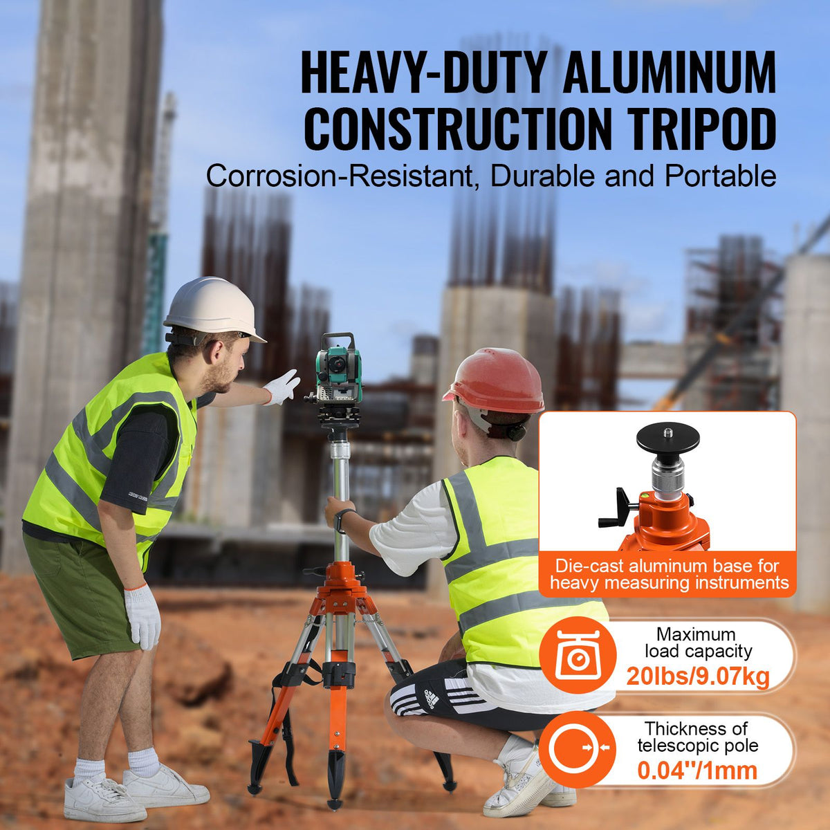 Laser Level Tripod Stand, 5/8-11 Thread, 27.16-67.71 In Height Adjustable