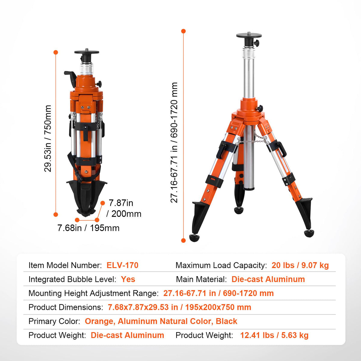 Laser Level Tripod Stand, 5/8-11 Thread, 27.16-67.71 In Height Adjustable