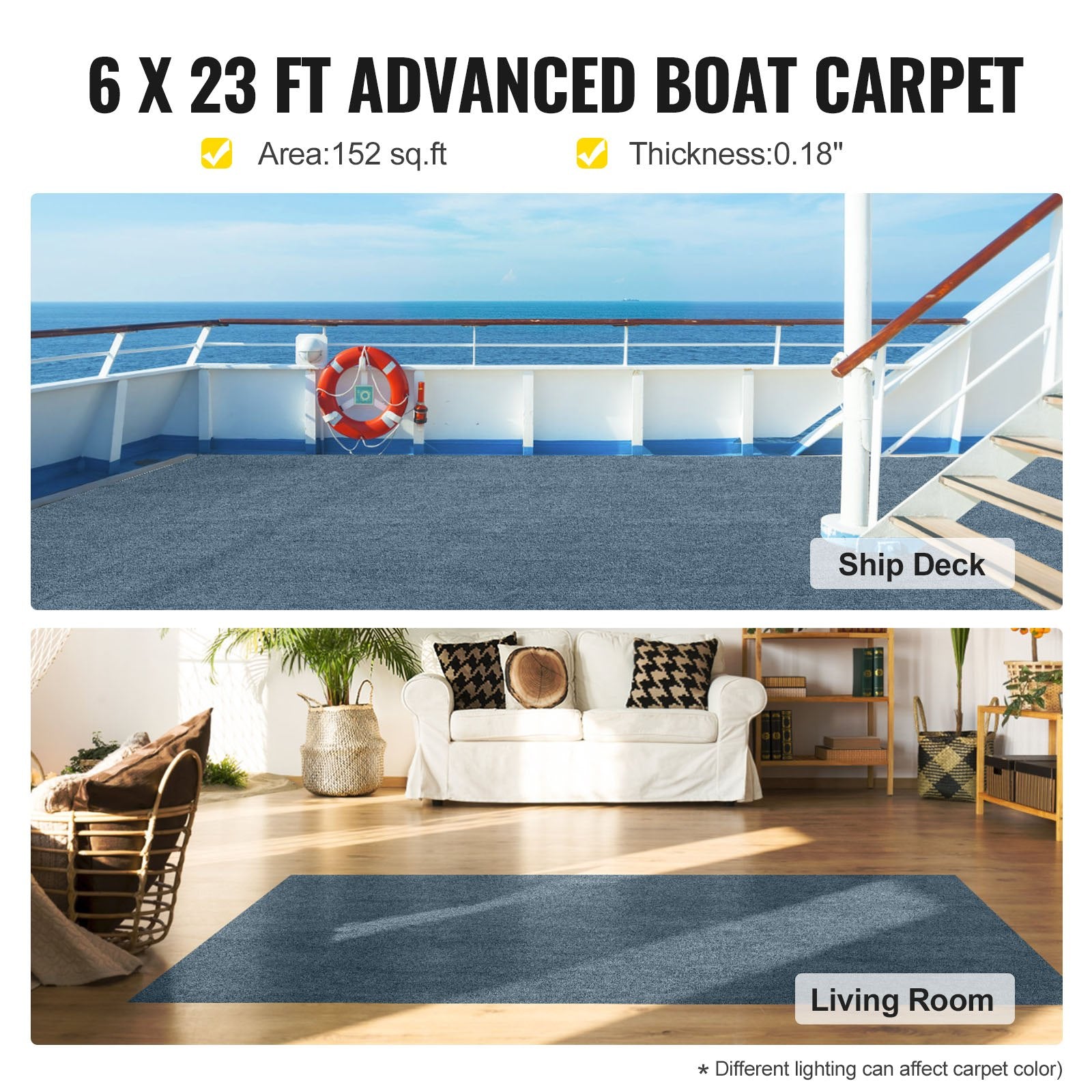Gray Marine Carpet 6 ft x 23 ft Boat Carpet Rugs Indoor Outdoor Rugs for Patio Deck Anti-Slide TPR Water-Proof Back Cut Outdoor Marine Carpeting Easy Clean Outdoor Carpet Roll