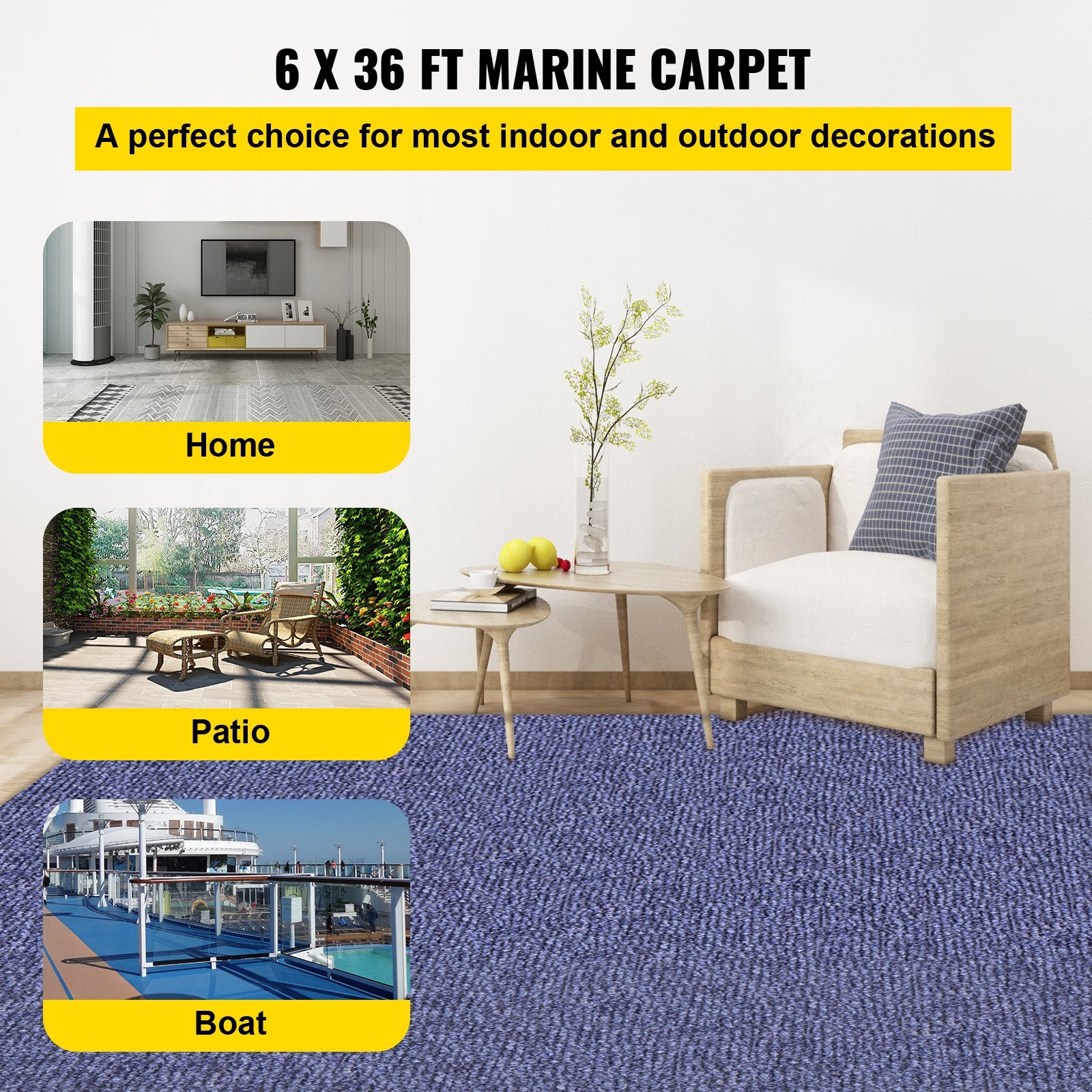 Deep Blue Marine Carpet 6 ft x 36 ft Marine Carpeting Marine Grade Carpet for Boats with Waterproof Back Outdoor Rug for Patio Porch Deck Garage Outdoor Area Rug Runner Non-Slide Porch Rug