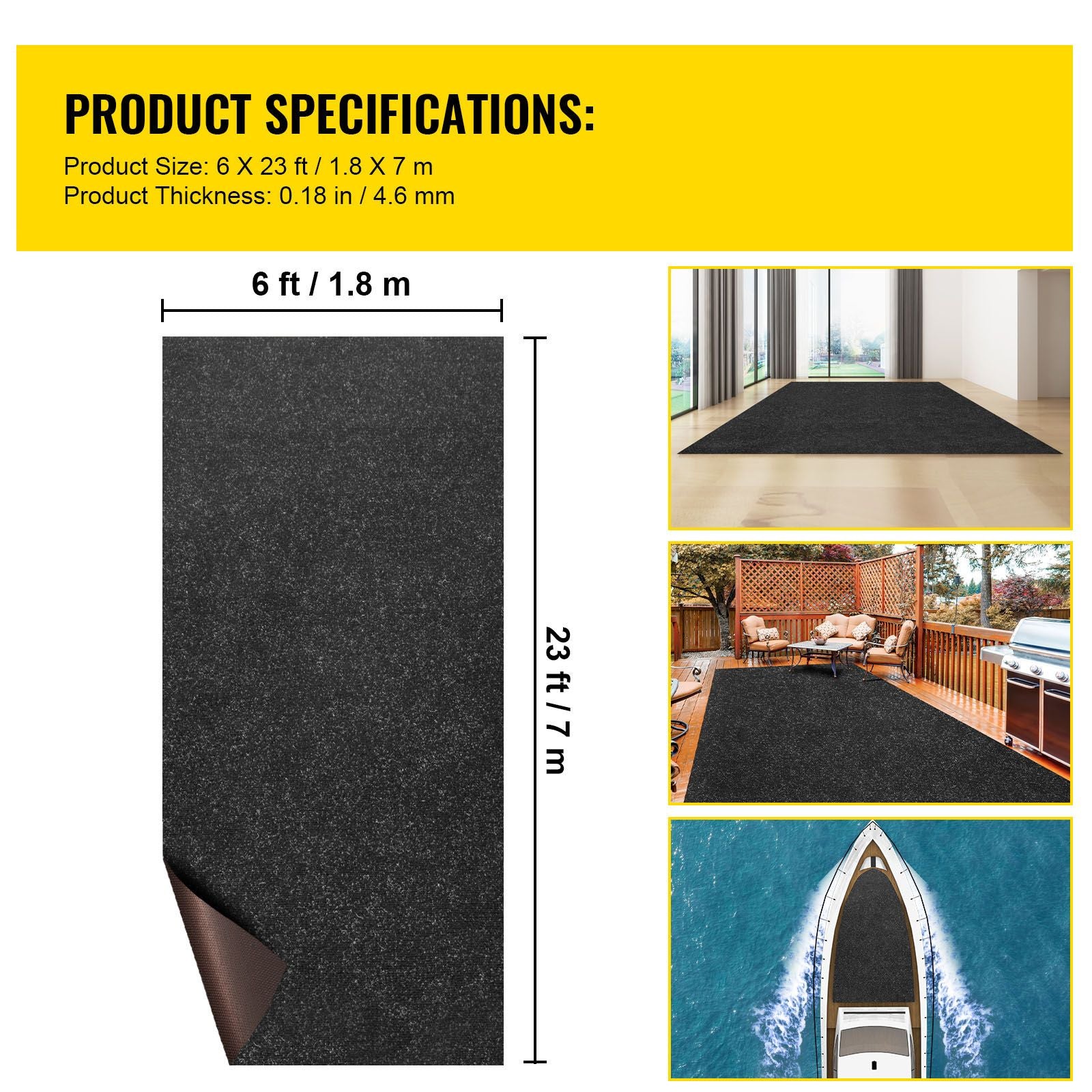 Marine Carpet, 6 x 23 ft Boat Carpeting, Charcoal Black Marine Grade Boat Carpet, Indoor/Outdoor Marine Carpeting with Water-proof TPR Backing, Water-proof Carpet Roll for Home, Patio, Porch, De