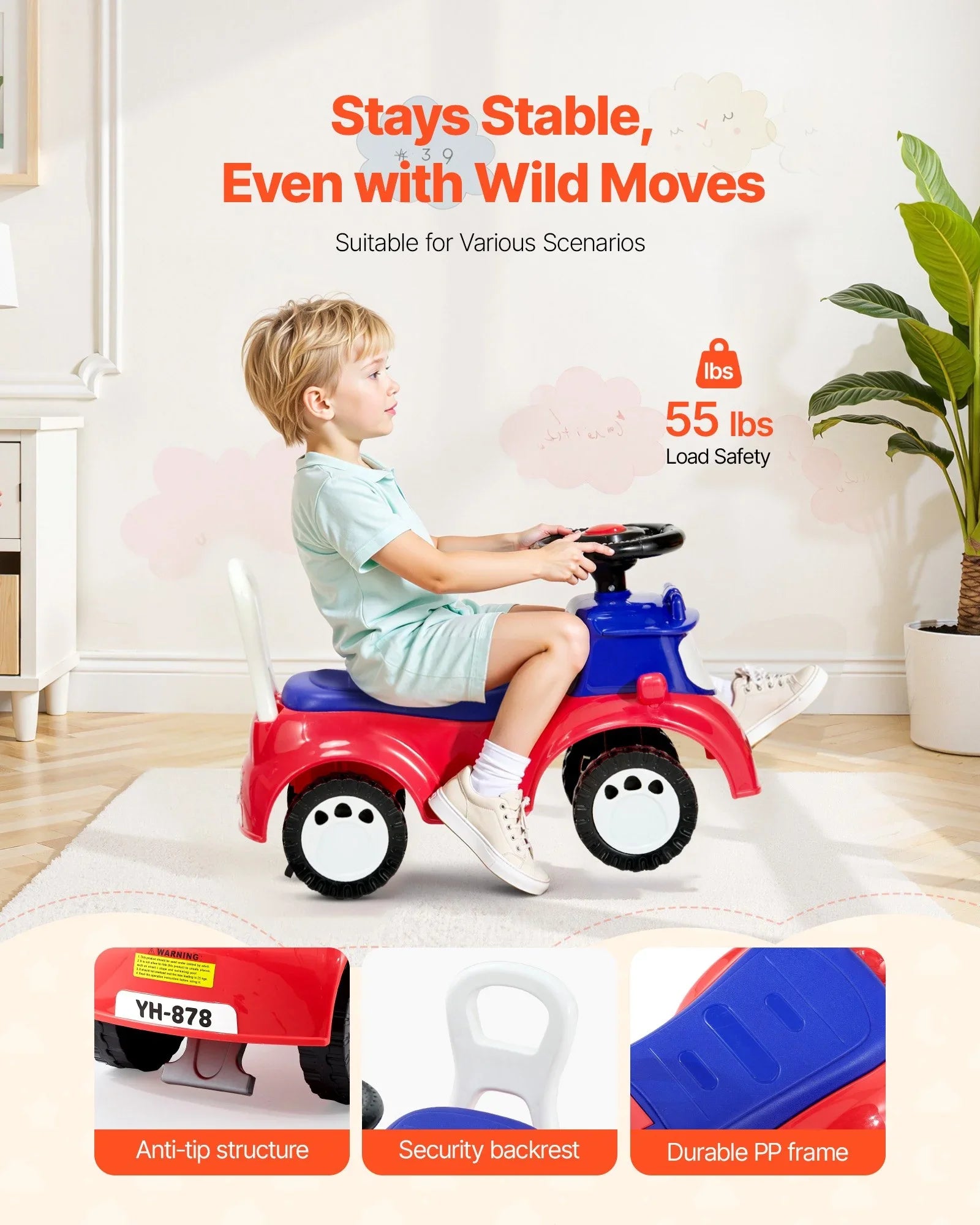 Ride On Toddler Push Car, Push Car for Toddler 19 to 36 Months, Kids Ride On Toy with Music & Under-seat Storage, 25 kg Load Capacity, Foot-to-Floor Walker for Toddlers Boys Girls, Red