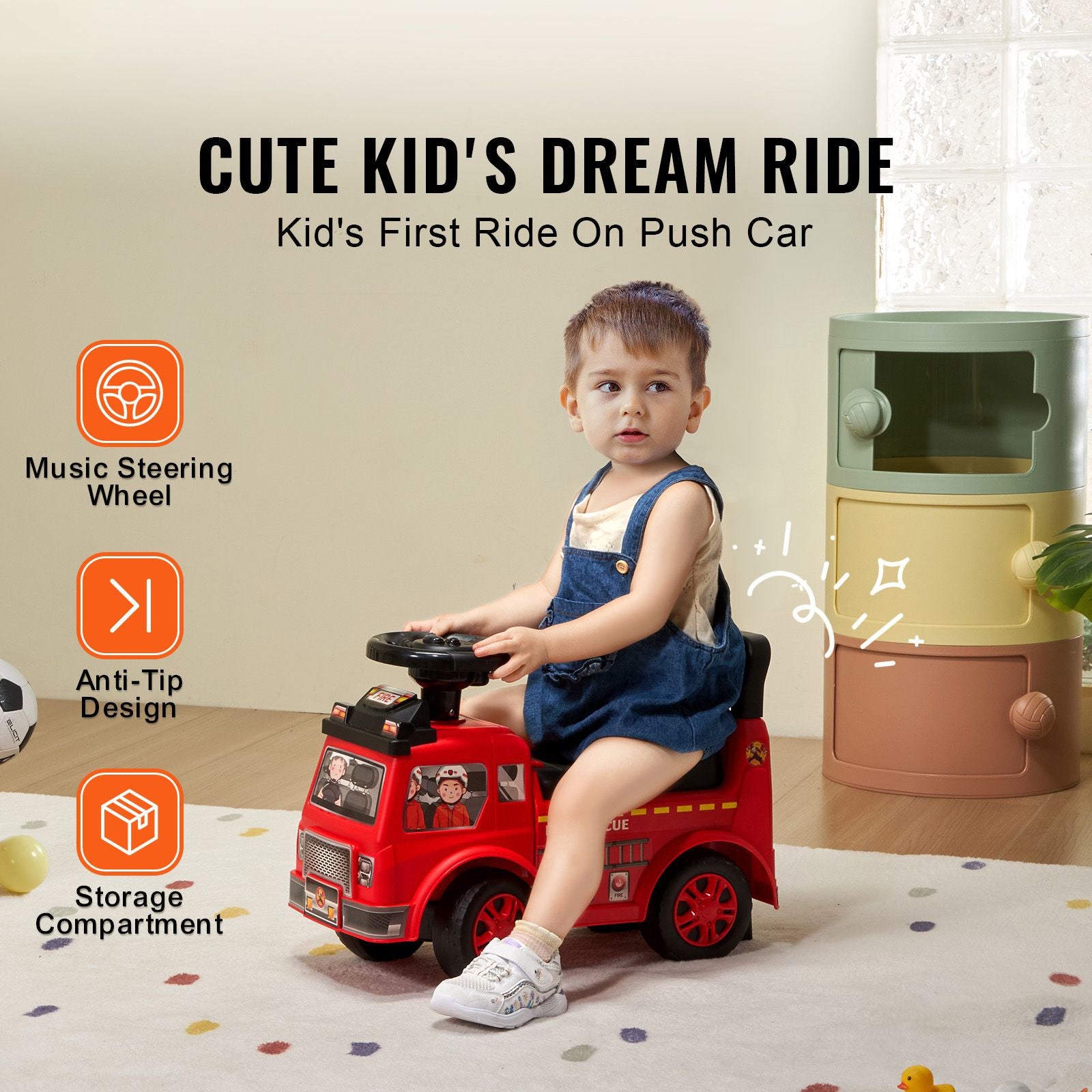 Toddler Ride On Push Car with Music Storage Red Ages 1-3 Years
