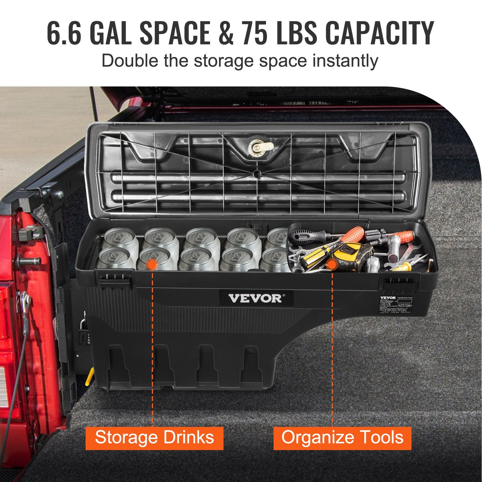 Truck Bed Storage Box, Lockable Swing Case with Password Padlock, 6.6 Gal/25 L ABS Wheel Well Tool Box, Waterproof and Durable, Compatible with Ford F-150 2015-2021, Drivers Side