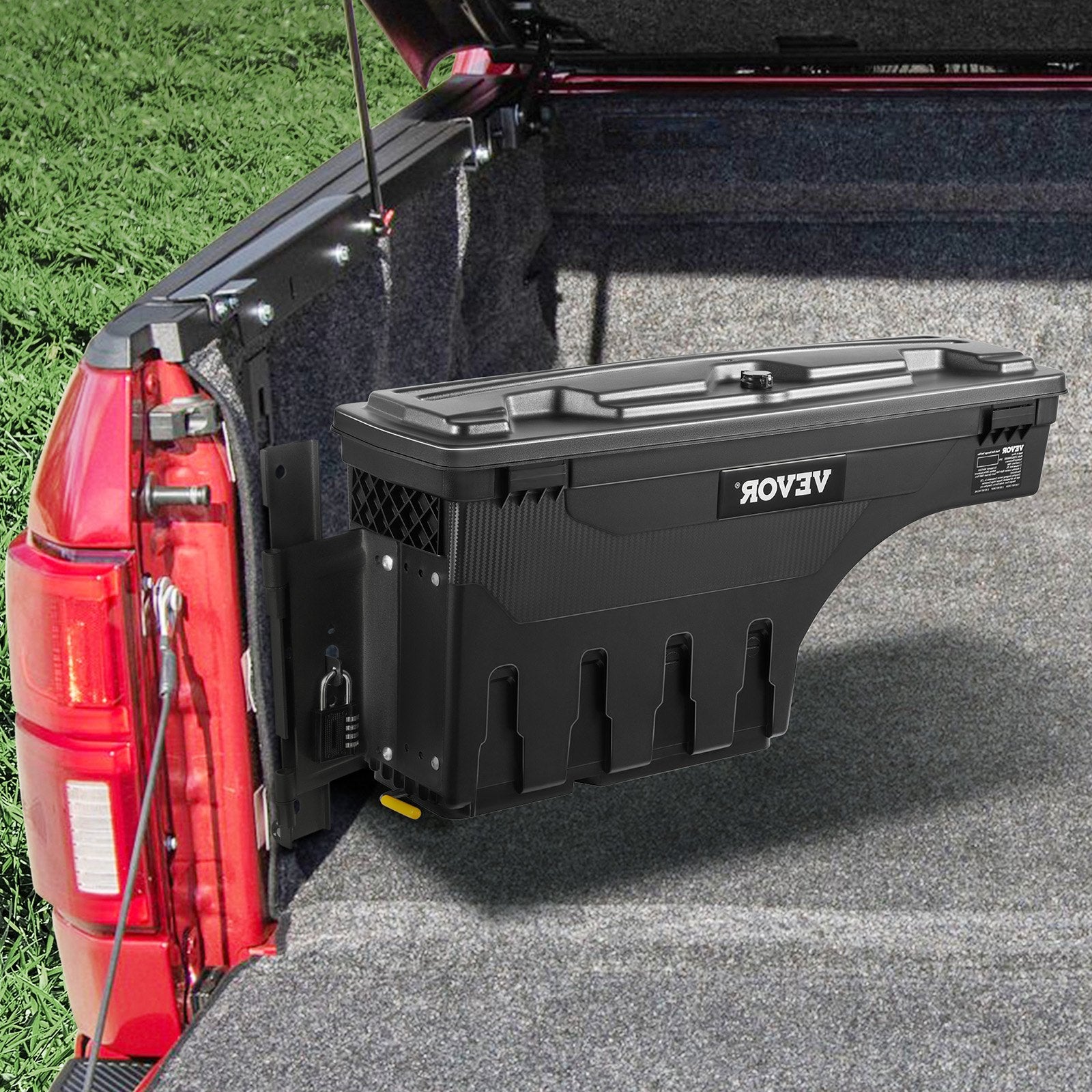 Truck Bed Storage Box, Lockable Swing Case with Password Padlock, 6.6 Gal/25 L ABS Wheel Well Tool Box, Waterproof and Durable, Compatible with Ford F-150 2015-2021, Drivers Side