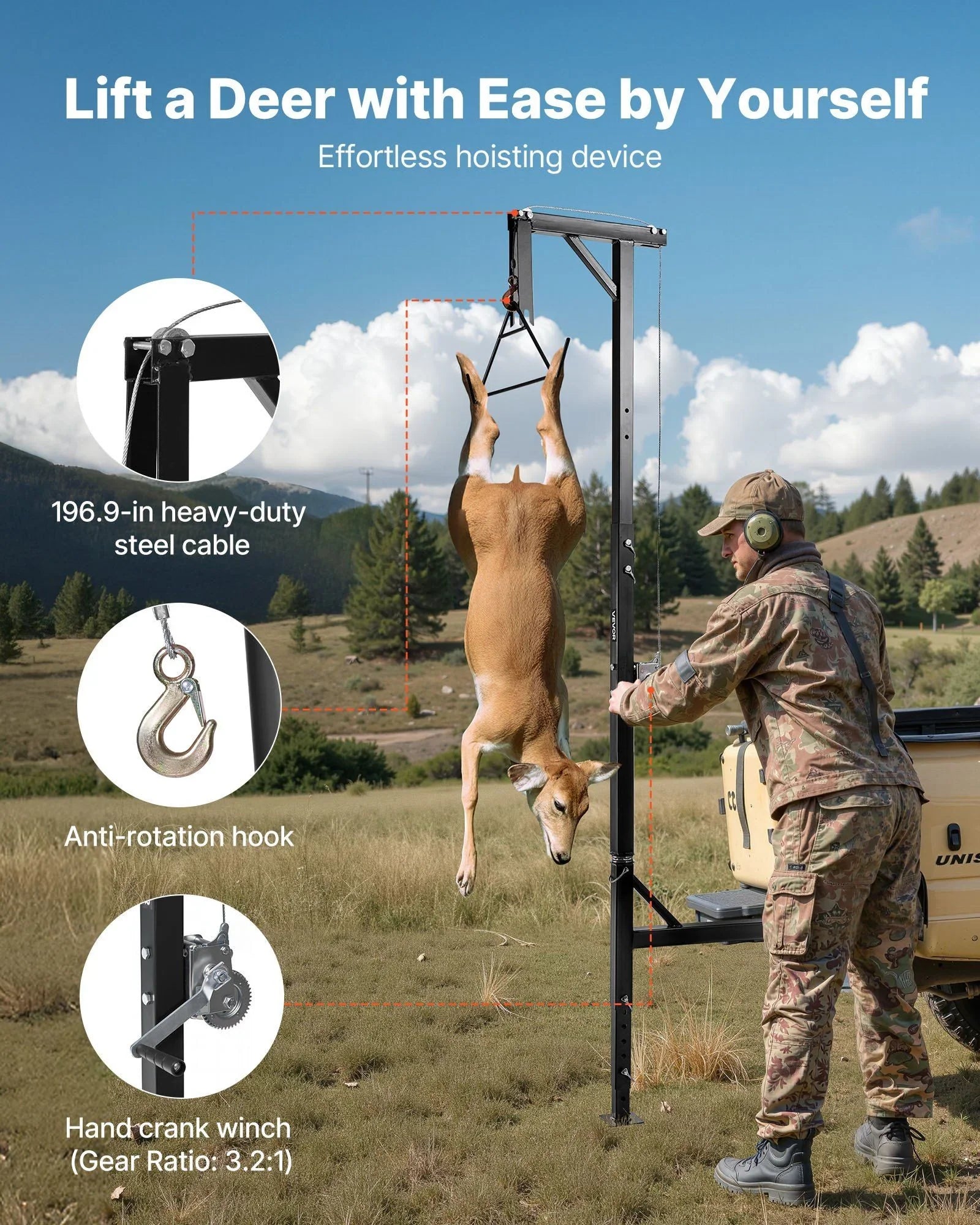 Truck Hitch Game Hoist, 400 lbs Load Capacity, Hunting Deer Hoist with 2-inch Receiver, 360-Degree Swivel Shaft & Adjustable Height, Includes Gambrel Winch for Skinning & Cleaning Game