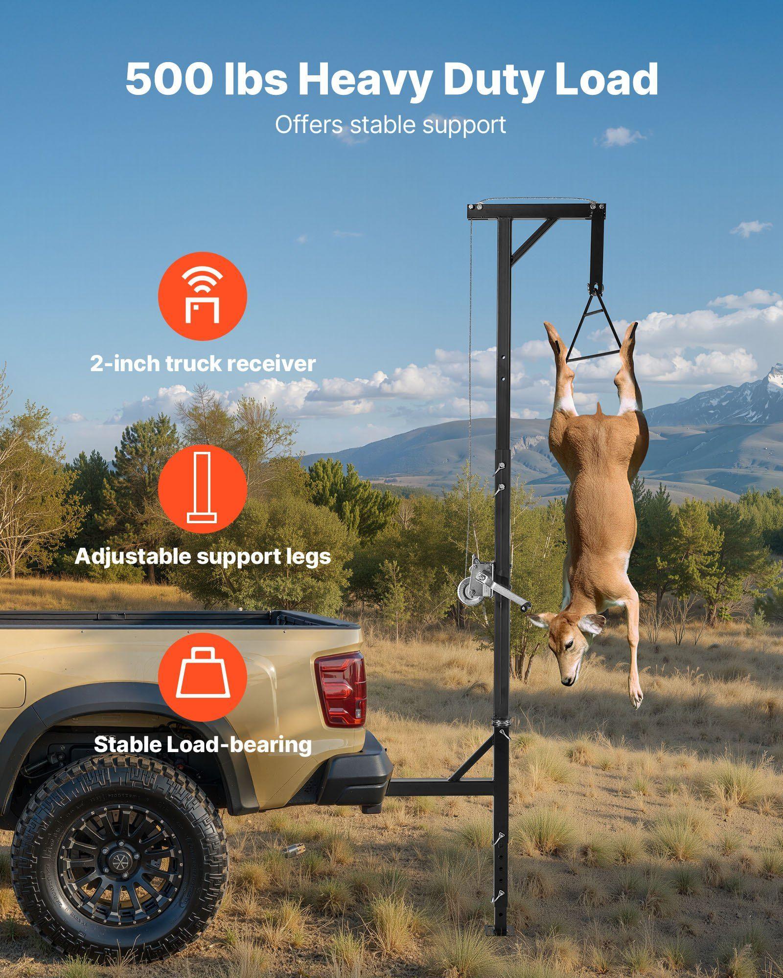 Truck Hitch Game Hoist, 500 lbs Load Capacity, Hunting Deer Hoist with 2-inch Receiver, 360-Degree Swivel Shaft & Adjustable Height, Includes Gambrel Winch for Skinning & Cleaning Game