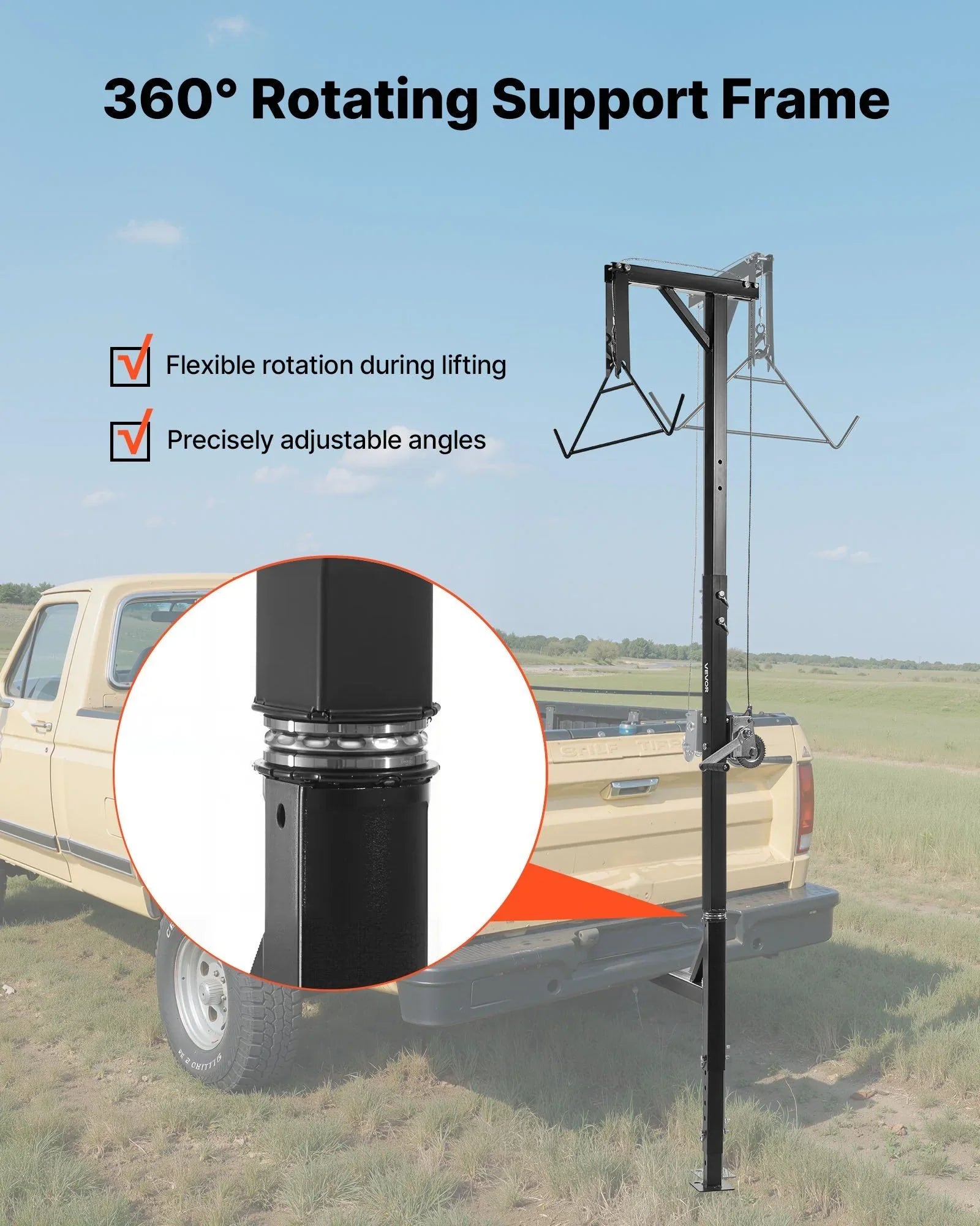 Truck Hitch Game Hoist, 500 lbs Load Capacity, Hunting Deer Hoist with 2-inch Receiver, 360-Degree Swivel Shaft & Adjustable Height, Includes Gambrel Winch for Skinning & Cleaning Game