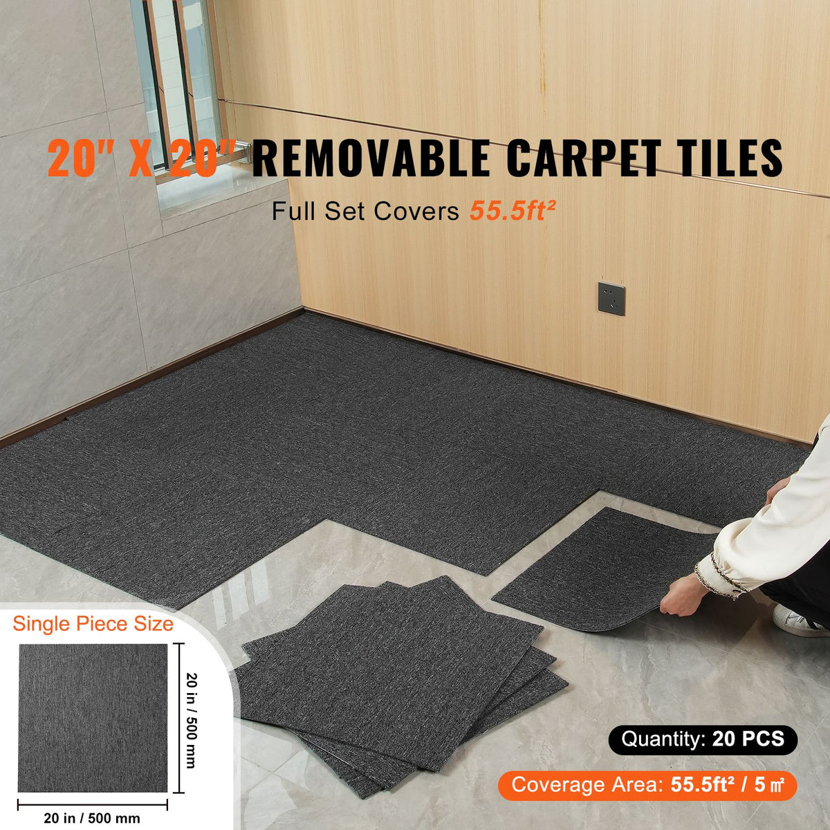 20PCS Reusable Carpet Tiles 20x20in Padded Carpet Squares Dark Gray