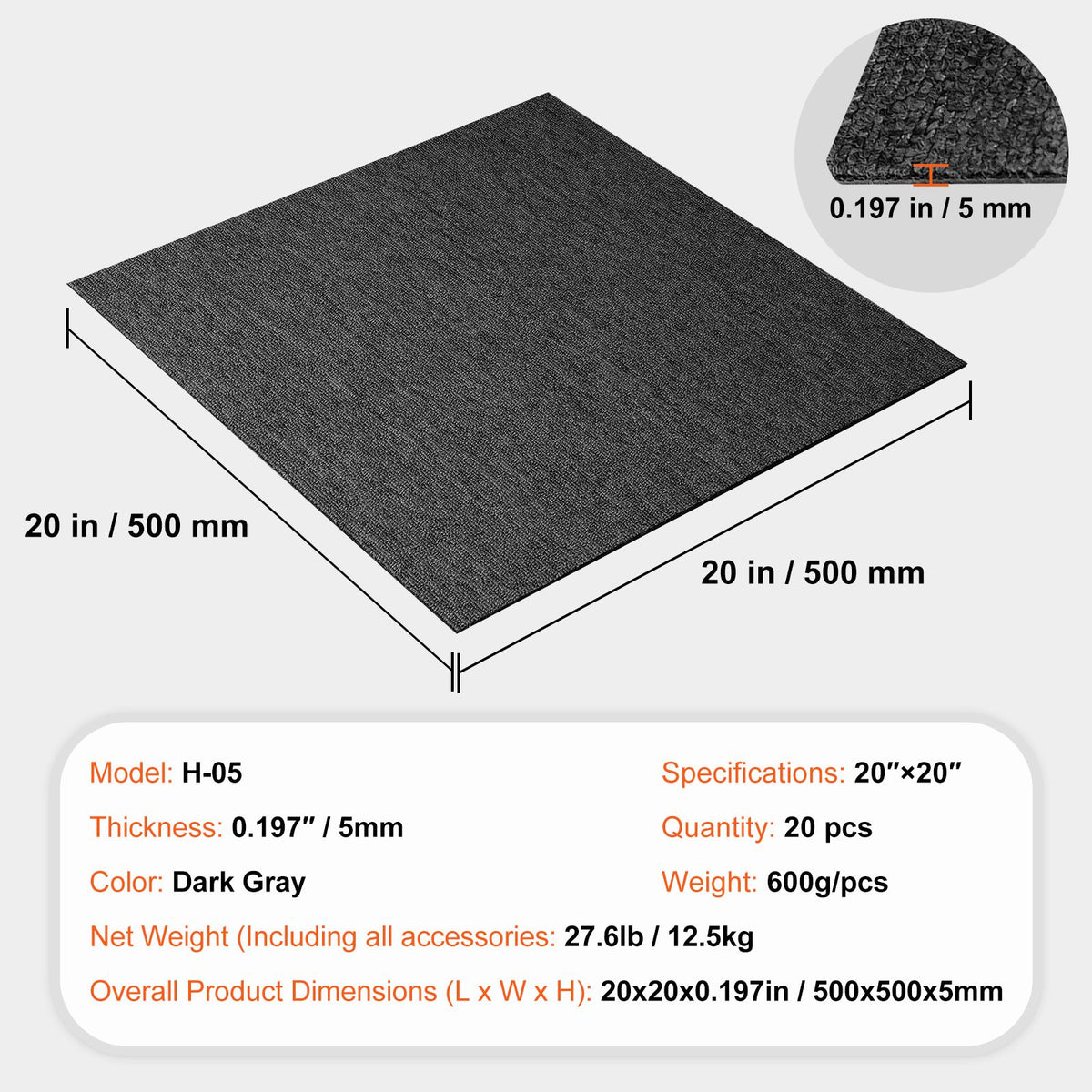 20PCS Reusable Carpet Tiles 20x20in Padded Carpet Squares Dark Gray