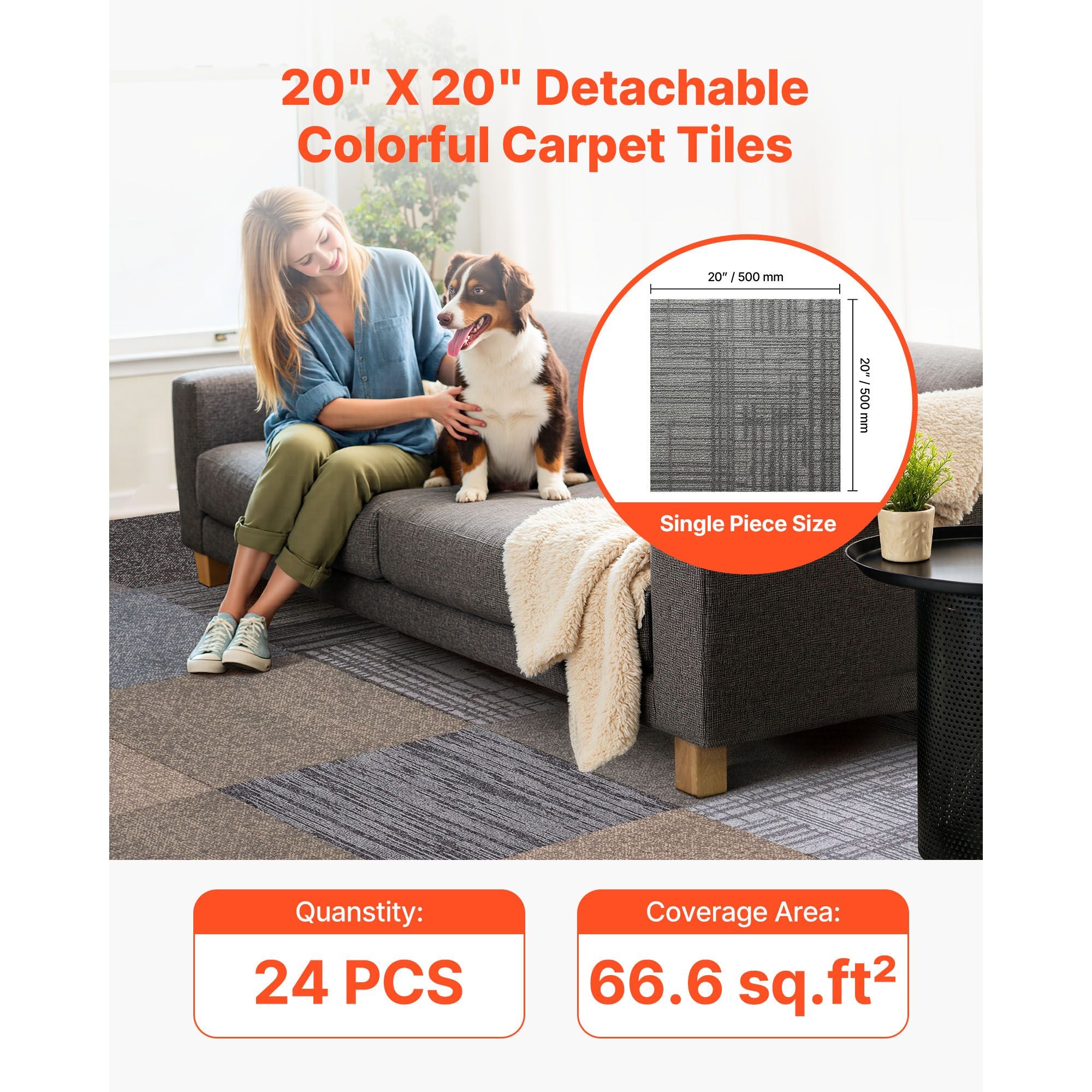 24 Pack Carpet Tiles 508x508mm Modular Floor Squares 6.2m² Multicolor