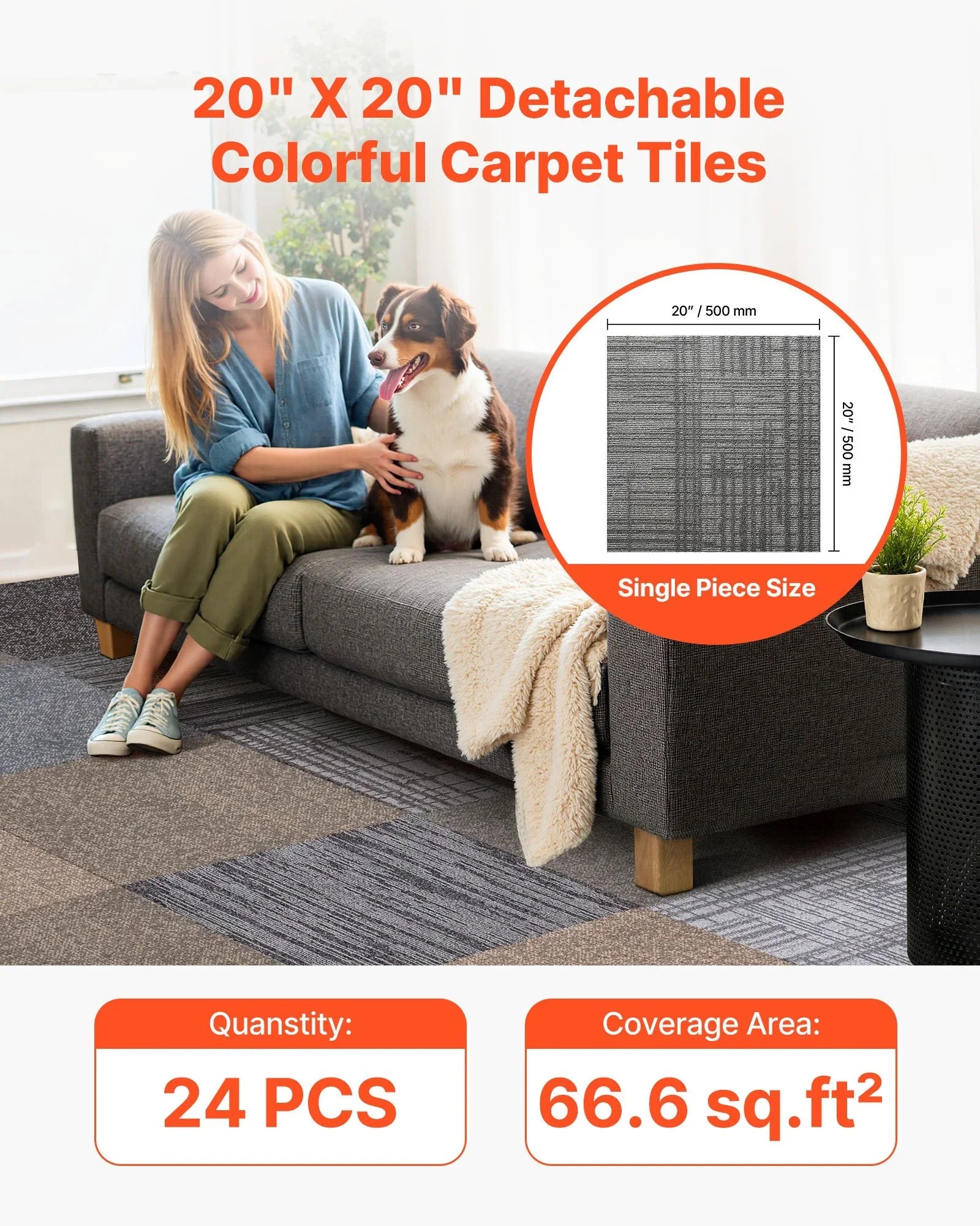 Carpet Tiles Reusable 508 x 508 mm, 24 PCS Modular Carpet Square Rug, Commercial Floor Soft Padded for Seamless Cover 6.2㎡, Easy DIY Replacement for Living Room Bedroom Office Indoor, Multicolor