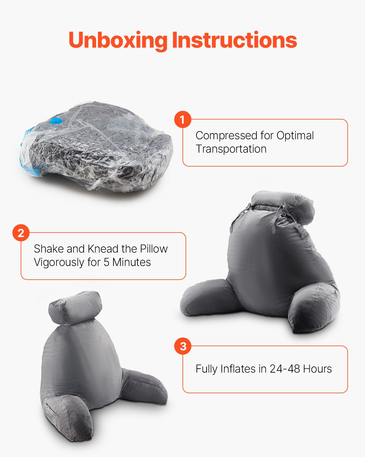 Reading Pillow, Large Bed Pillow with Removable Headrest, Back Pillow with 3 Pockets, Shredded Memory Foam and Washable Short Velvet Cloth, Side with Handles for Reading, Gaming, Resting, Grey