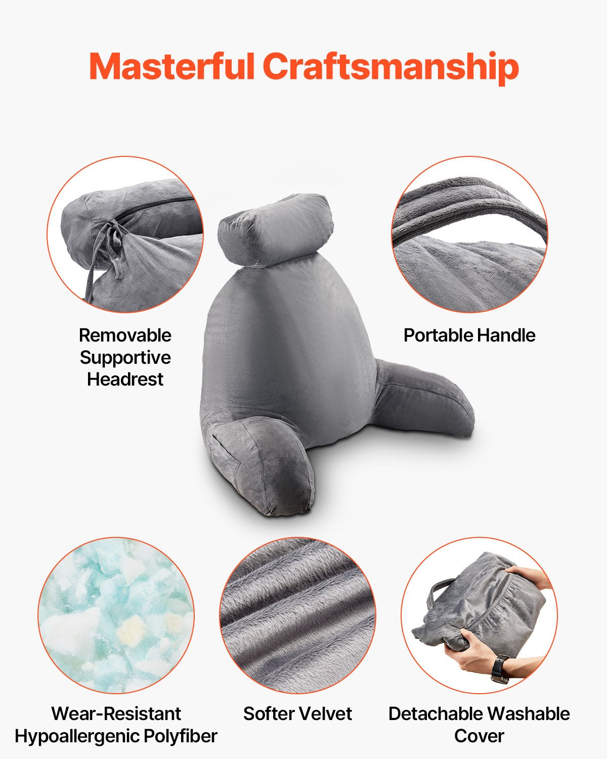 Reading Pillow, Large Bed Pillow with Removable Headrest, Back Pillow with 3 Pockets, Shredded Memory Foam and Washable Short Velvet Cloth, Side with Handles for Reading, Gaming, Resting, Grey