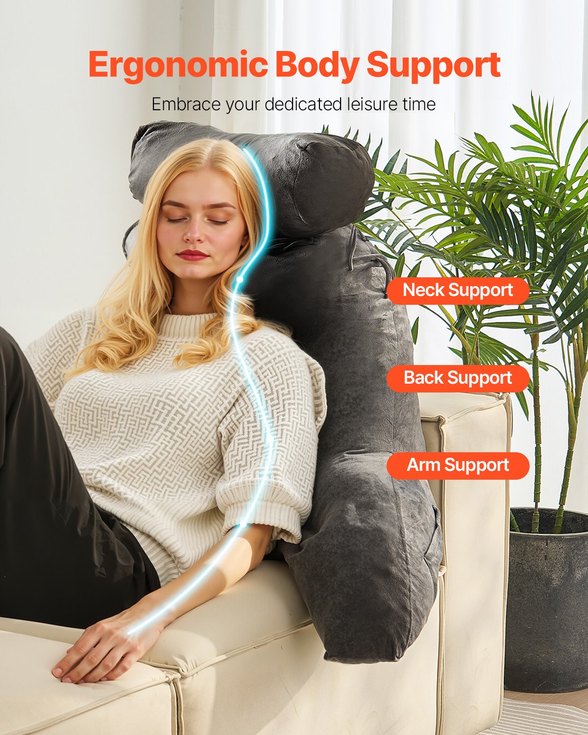 Reading Pillow, Large Bed Pillow with Removable Headrest, Back Pillow with 3 Pockets, Shredded Memory Foam and Washable Short Velvet Cloth, Side with Handles for Reading, Gaming, Resting, Grey