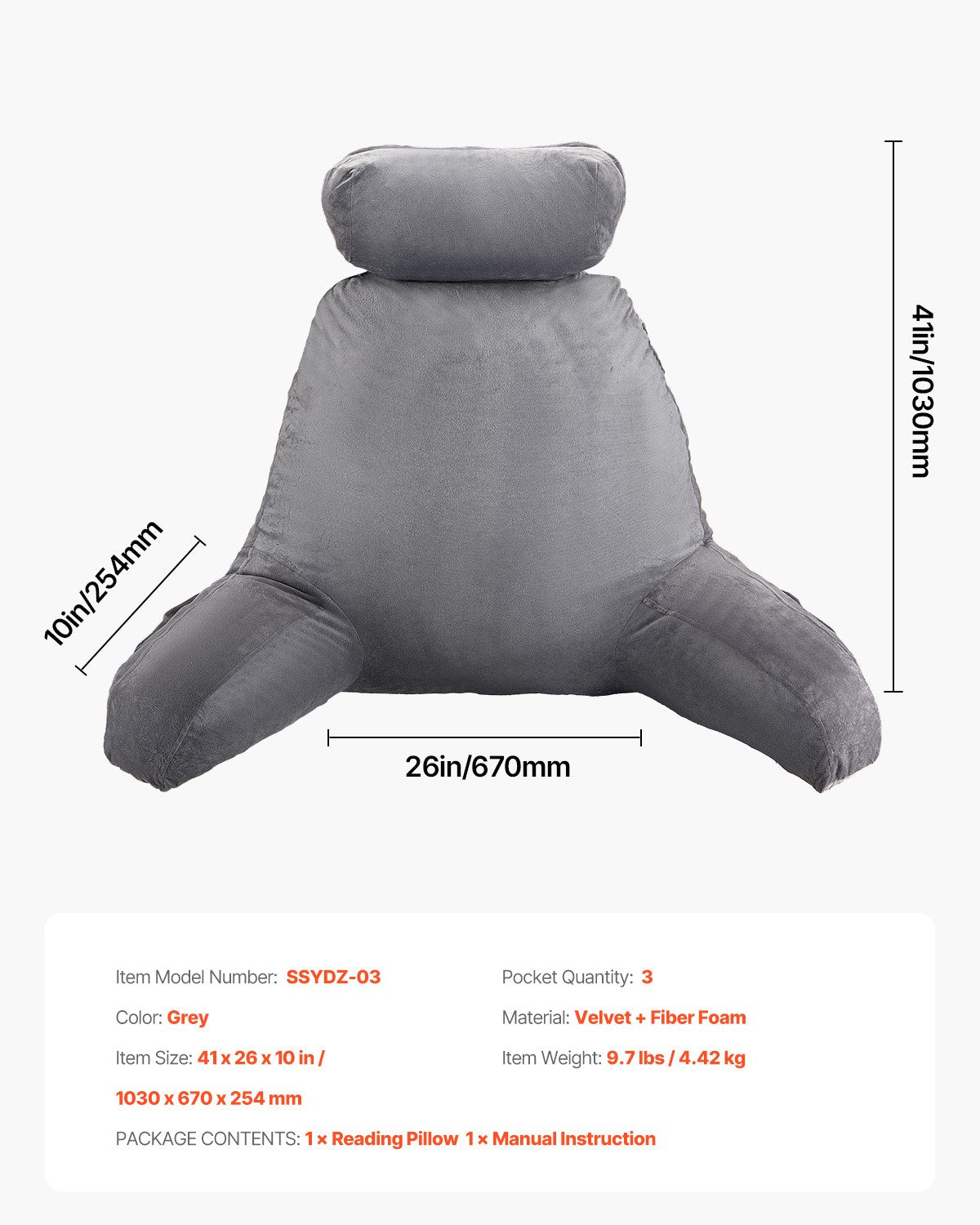 Reading Pillow, Large Bed Pillow with Removable Headrest, Back Pillow with 3 Pockets, Shredded Memory Foam and Washable Short Velvet Cloth, Side with Handles for Reading, Gaming, Resting, Grey