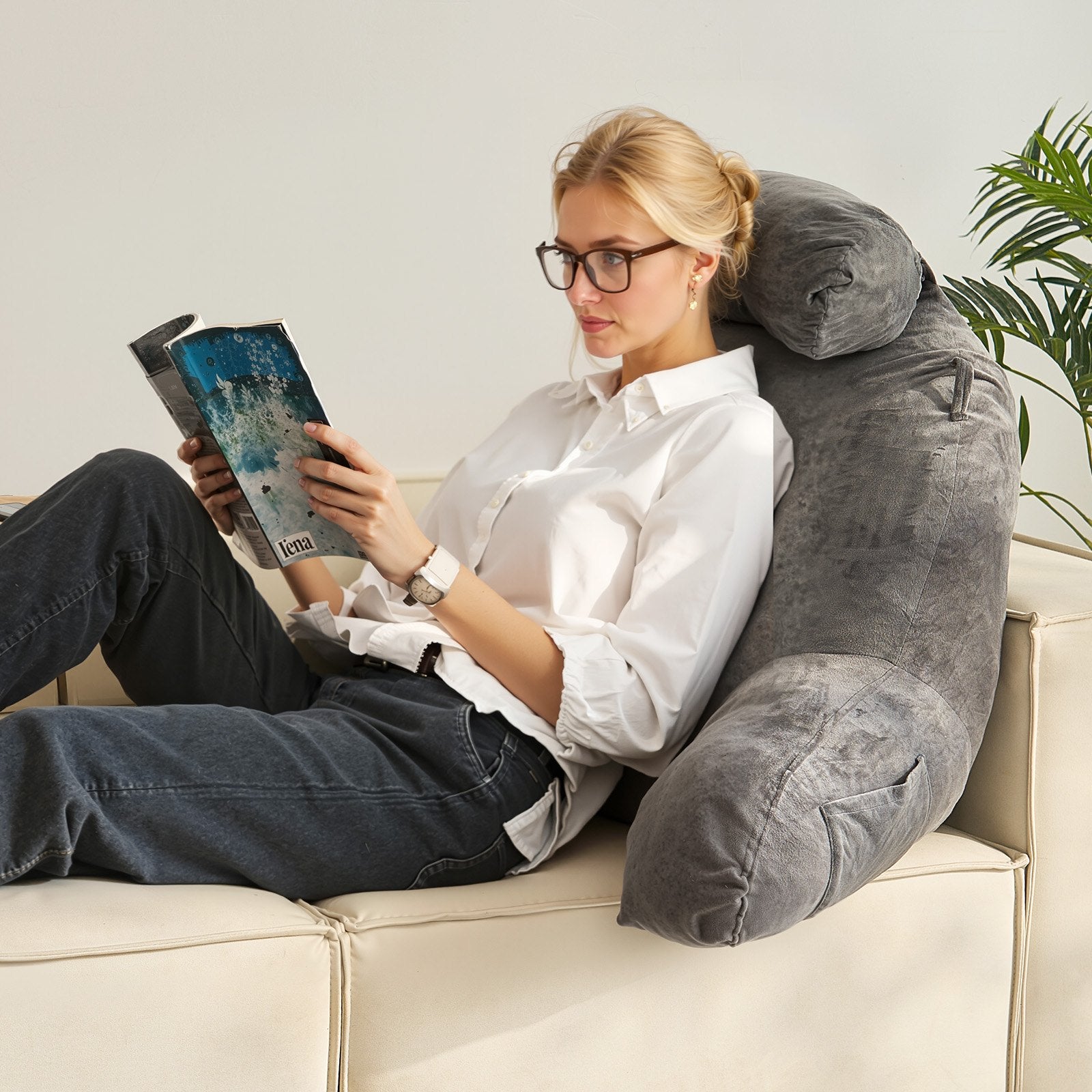 Reading Pillow, Large Bed Pillow with Removable Headrest, Back Pillow with 3 Pockets, Shredded Memory Foam and Washable Short Velvet Cloth, Side with Handles for Reading, Gaming, Resting, Grey