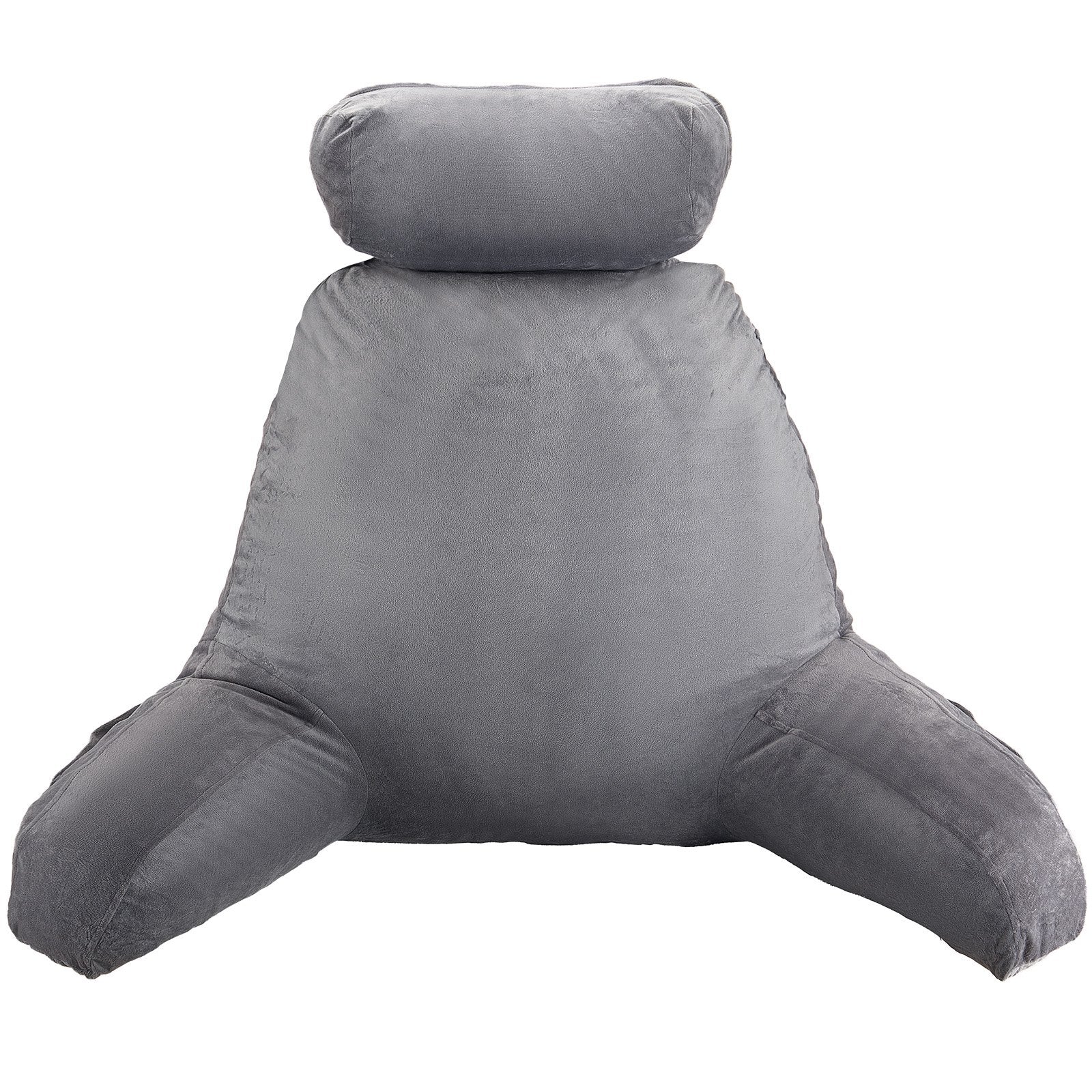 Reading Pillow, Large Bed Pillow with Removable Headrest, Back Pillow with 3 Pockets, Shredded Memory Foam and Washable Short Velvet Cloth, Side with Handles for Reading, Gaming, Resting, Grey