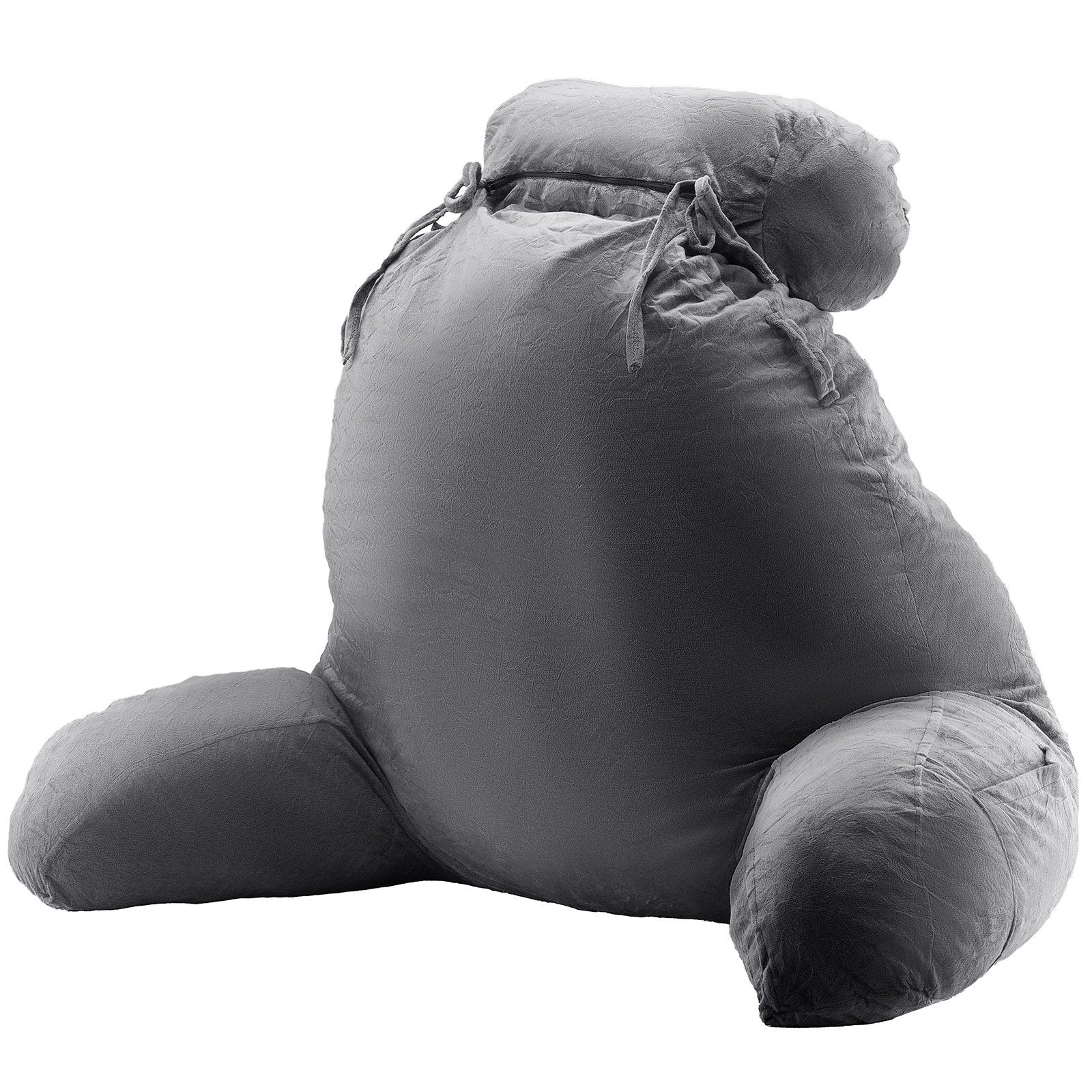 Reading Pillow, Large Bed Pillow with Removable Headrest, Back Pillow with 3 Pockets, Shredded Memory Foam and Washable Short Velvet Cloth, Side with Handles for Reading, Gaming, Resting, Grey