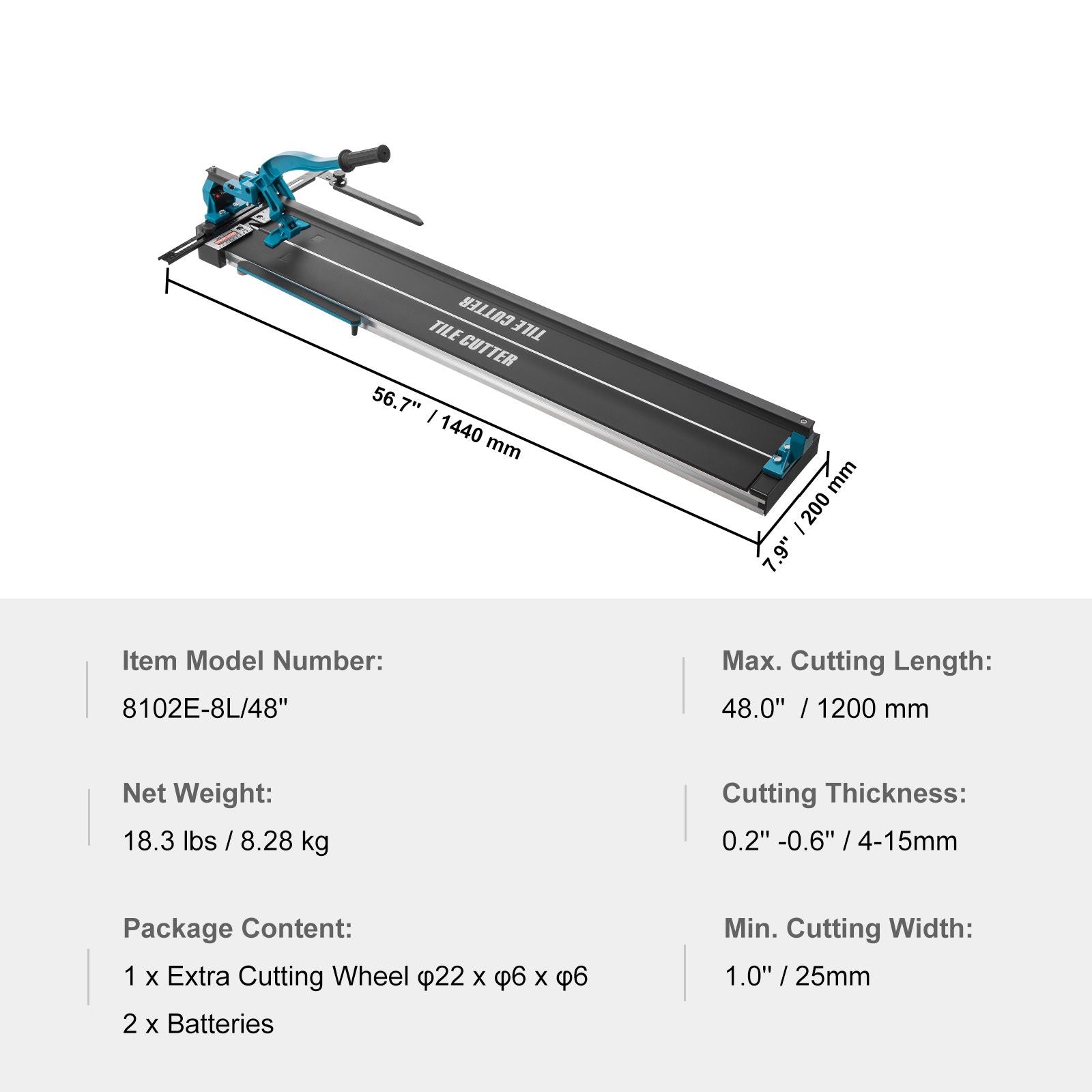 Manual Tile Cutter, 1200mm, Porcelain Ceramic Tile Cutter with Tungsten Carbide Cutting Wheel, Infrared Positioning, Anti-Skid Feet, Durable Rails for professional installers or beginners