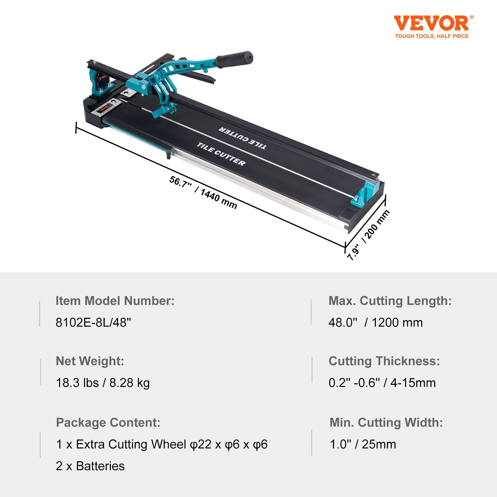Manual Tile Cutter, 1200mm, Porcelain Ceramic Tile Cutter with Tungsten Carbide Cutting Wheel, Infrared Positioning, Anti-Skid Feet, Durable Rails for professional installers or beginners