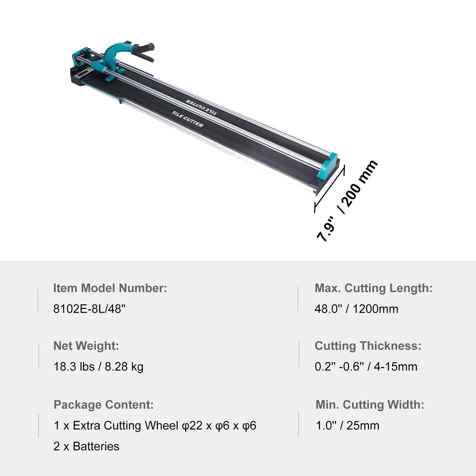 Manual Tile Cutter, 1200mm, Porcelain Ceramic Tile Cutter with Tungsten Carbide Cutting Wheel, Infrared Positioning, Anti-Skid Feet, Double Rails for professional installers or beginners