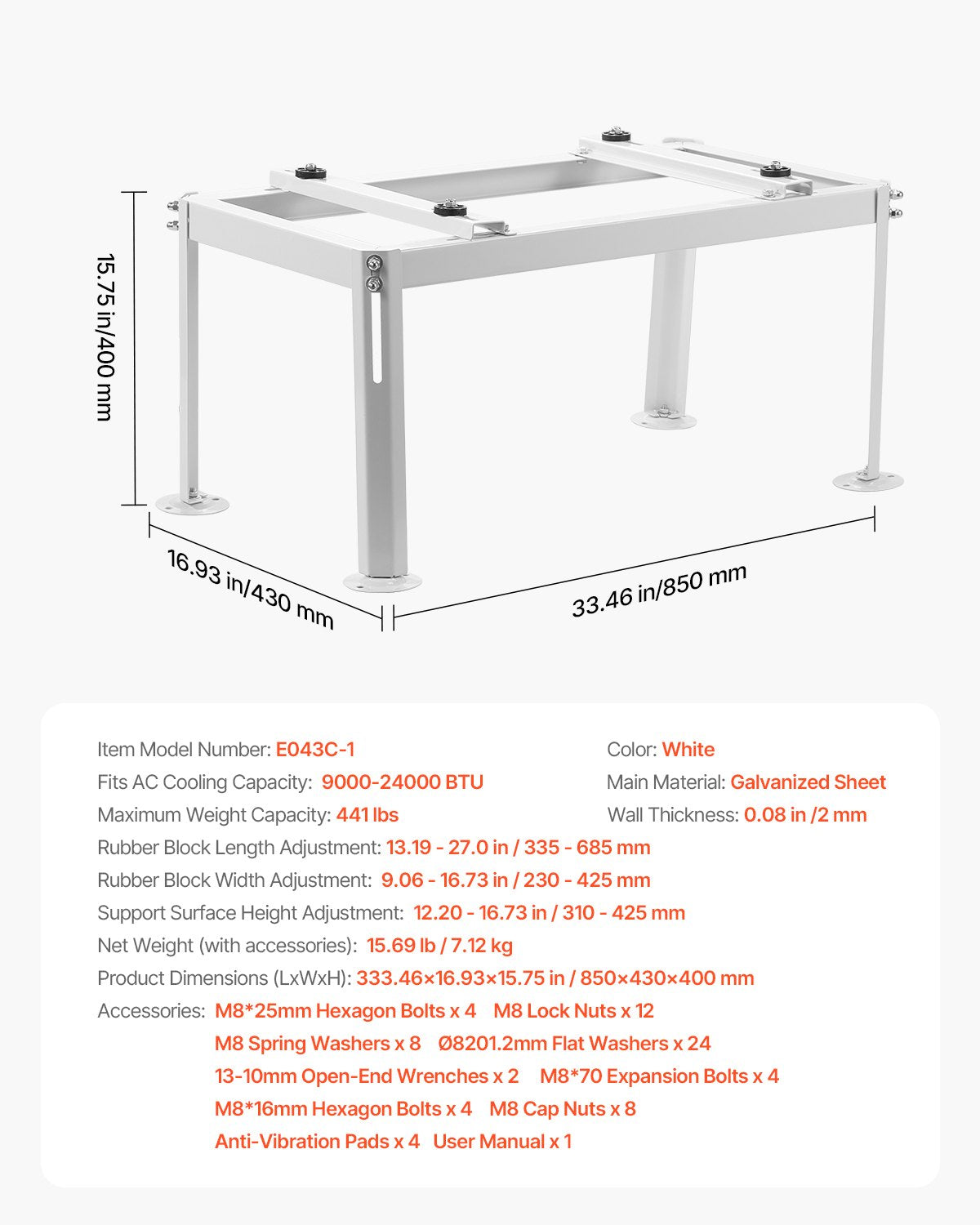 Mini Split Ground Stand Adjustable for 9000-24000 BTU 200kg Load